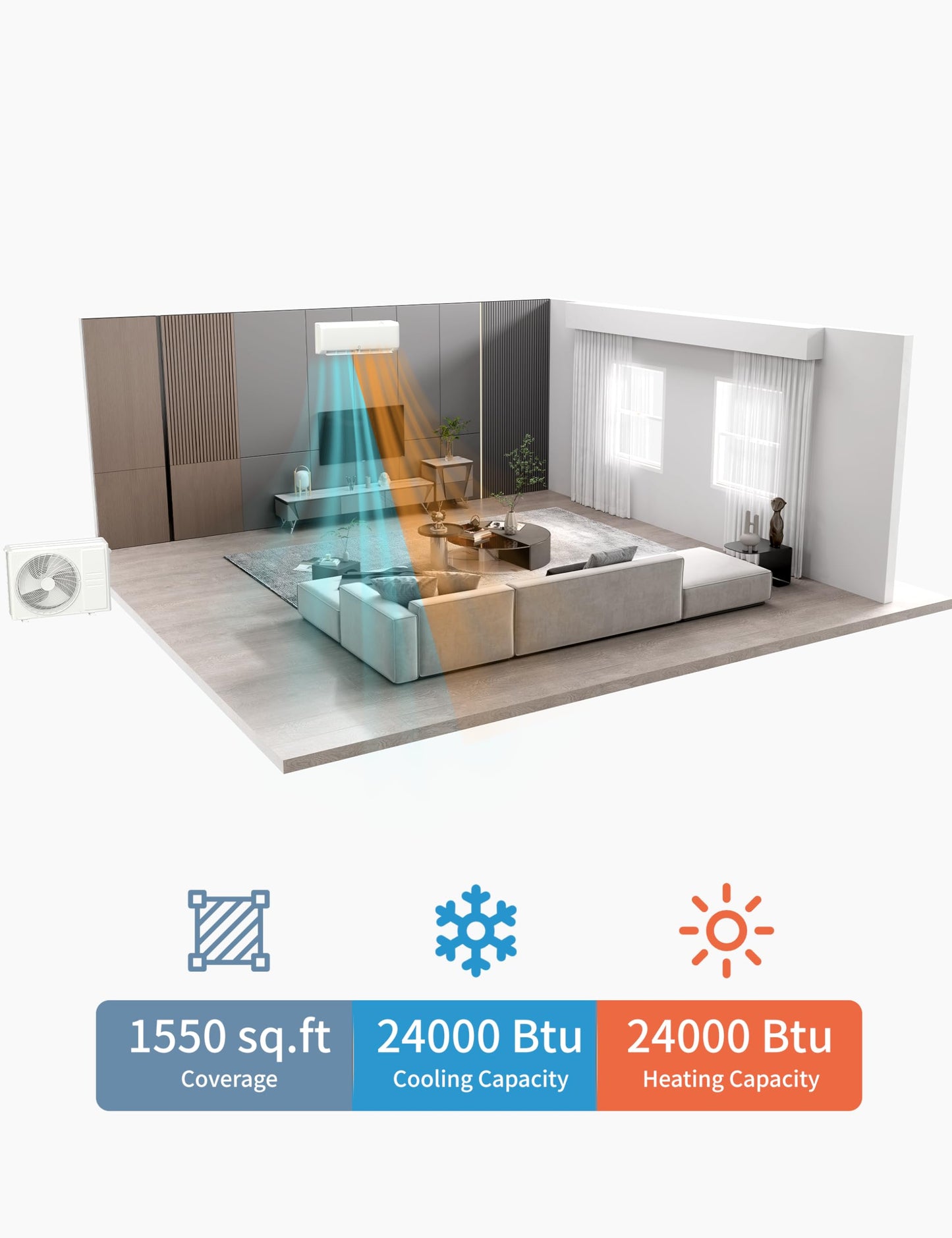 24000 Btu Mini Split AC Heating System, Wifi Enabled Mini Split Air Conditioner with 21 SEER2 Inverter, Heat Pump, 208-230V for Rooms Up to 1500 Sq. Ft, White