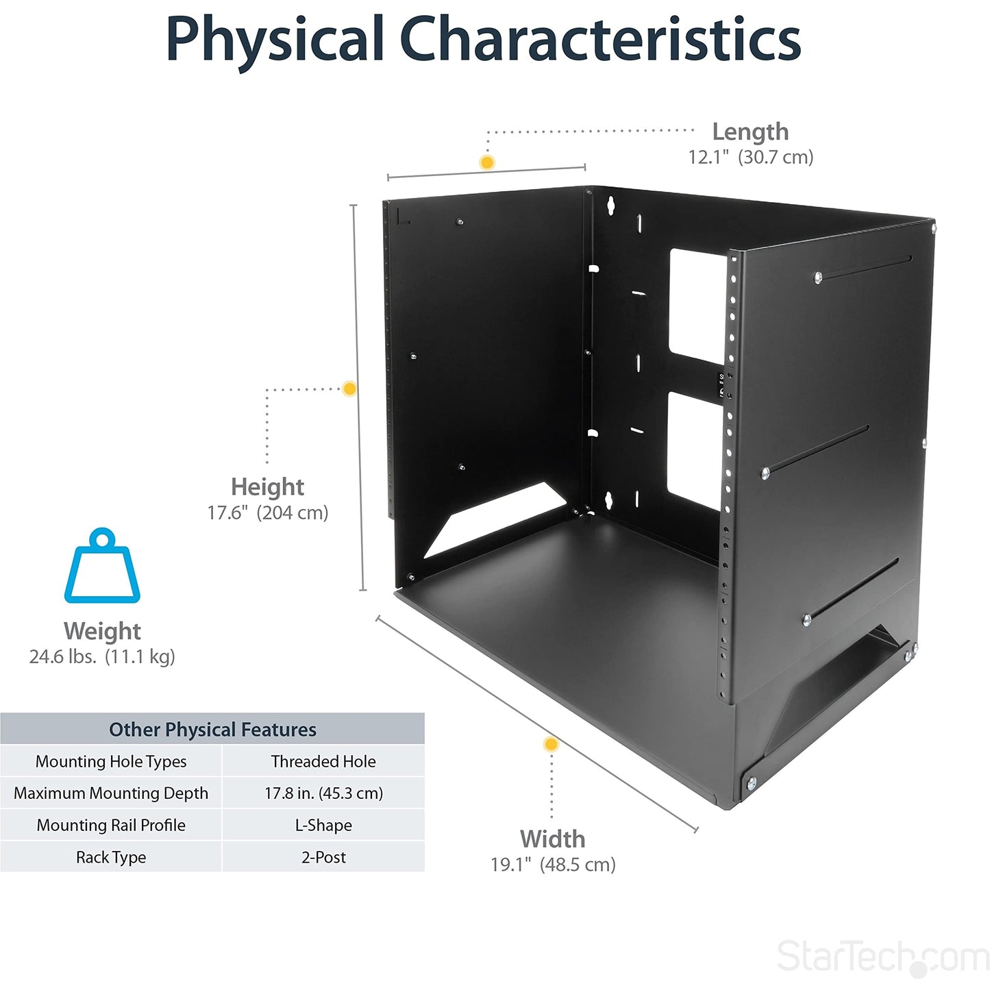 StarTech.com 2-Post 8U Open Frame Wall Mount Network Rack with Built-in Shelf, Wall Mount Data Rack with Adjustable Depth for AV / Computer / IT Equipment, TAA Compliant Server Rack (WALLSHELF8U)