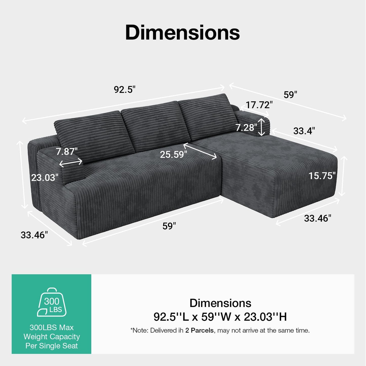 Novilla L-Shape Sectional Couches for Living Room with Smarts Coil® Support, 3 Seater Sectional Sofas for Living Room Bedroom, Corduroy Cloud Couch Sectional, No Assembly(Dark Grey, Right Hand Facing)