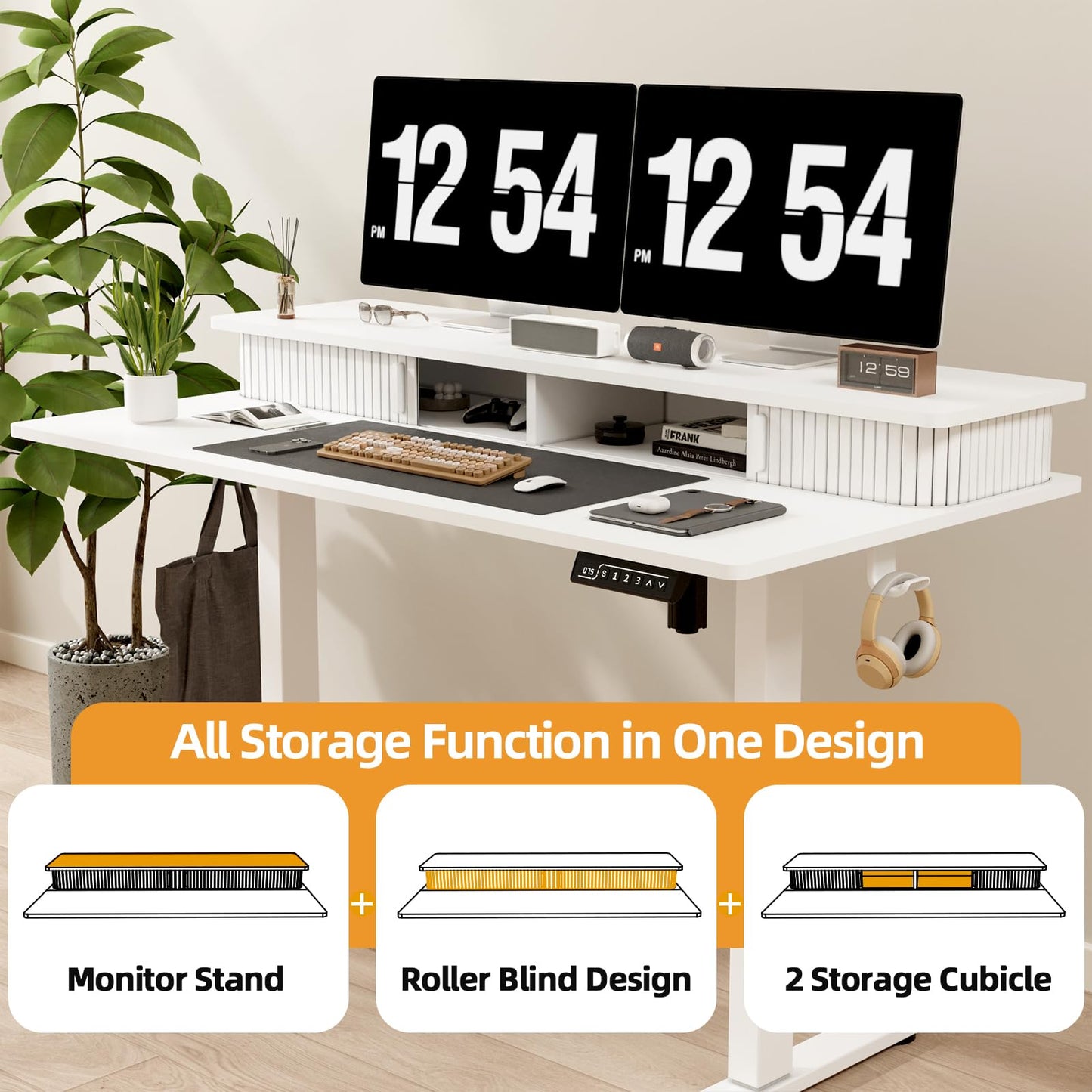 JOY worker Height Adjustable Electric Standing Desk with Storage Shelves, 48 Inch Table with Built-in Monitor Stand, Sit Stand Desk with 2 Hooks for Home Office, White