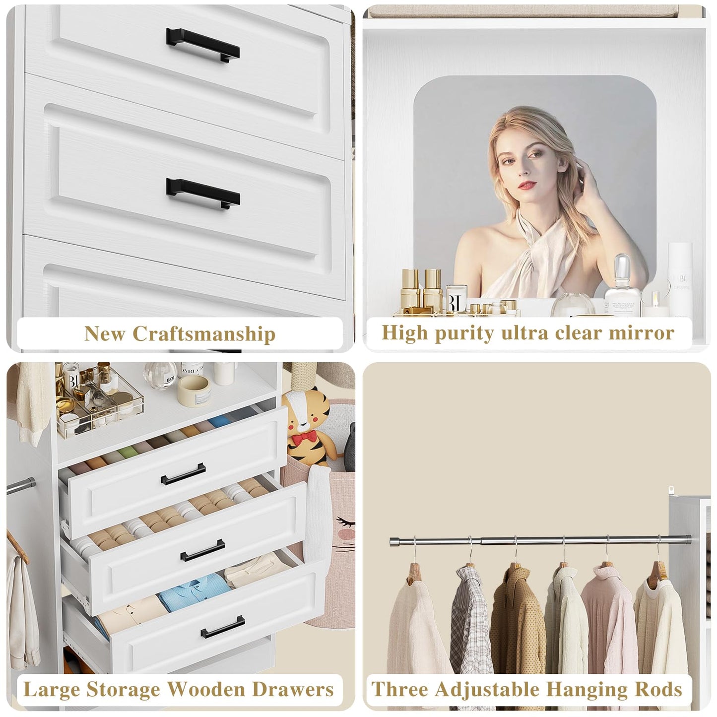 Unikito 48" W - 96” W Closet System with Mirror, 8FT Walk in Closet Organizer Kits with Drawers and 3 Extendable Hanging Rod, Sturdy Wood Clothing Garment Rack with 25” Tower, Max Load 1000 LBS, White