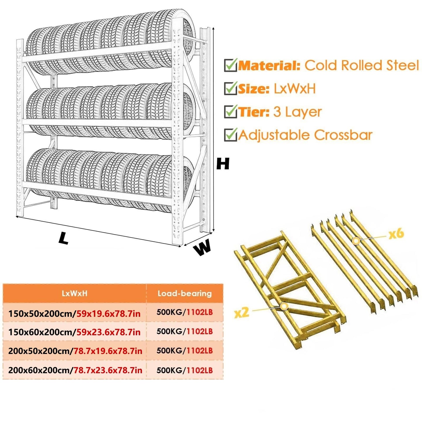 AOCDNEK Heavy Duty Tire Storage Rack, Steel, 1100lb,Load Capacity, Height Adjustable,for Auto Repair Shops Garages(Yellow,59x19.6x78.7in)
