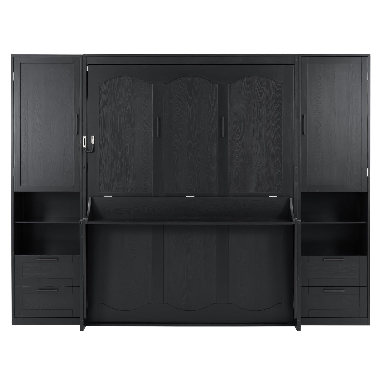 Merax Queen Size Murphy Bed with Desk, Closet, Drawers and Shelves, Fold into The Wall, Space-Saving Foldable Wood Platform Bed Frame for Small Spaces Studio Study Office Guest Room, Black(Oak Veneer)