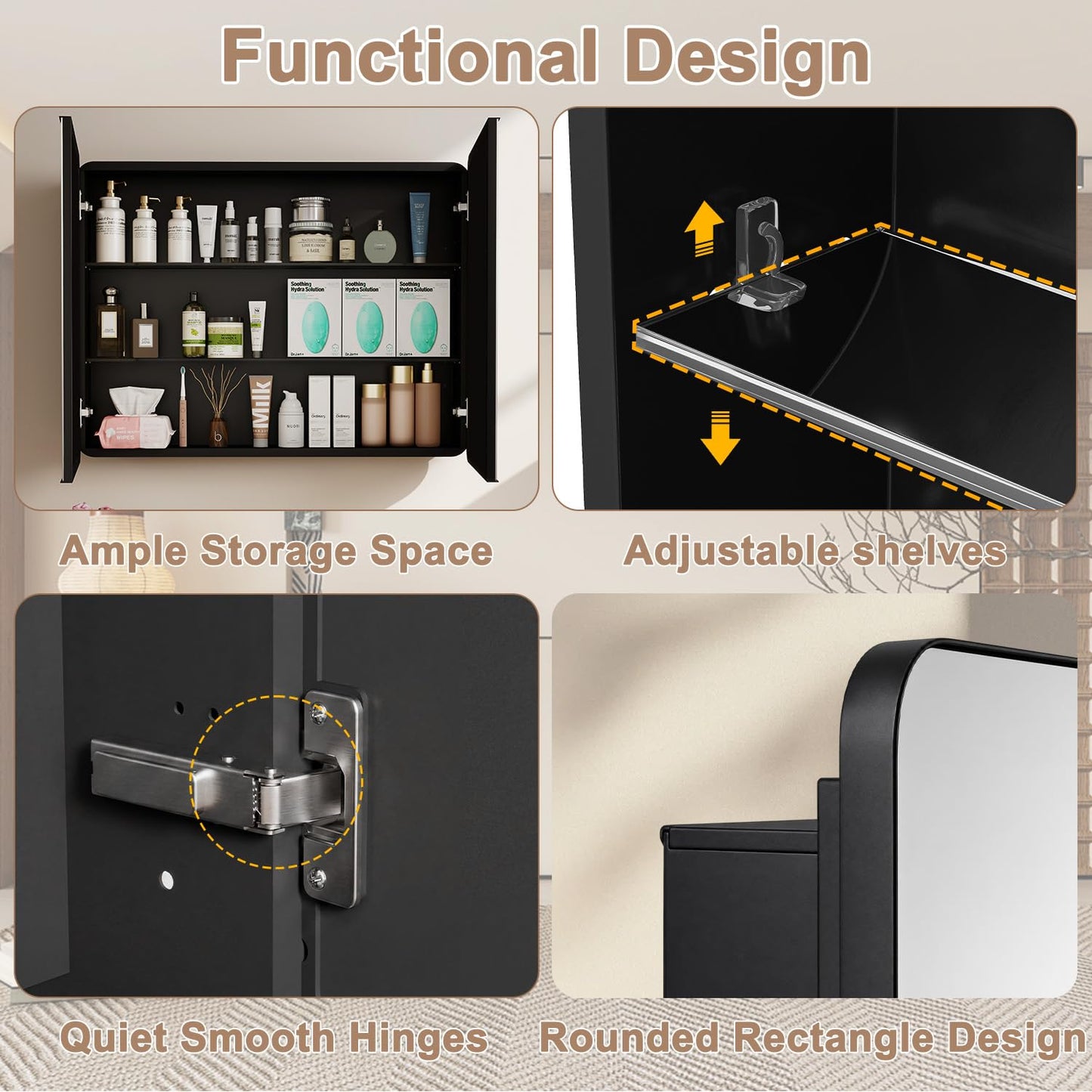 Venlus Black Double Door Medicine Cabinet with Mirror, 32 x 24 Inch Fully Assembled Recessed or Surface Mount Bathroom Medicine Cabinet, Metal Mirrored Cabinet with Adjustable Storage Shelves