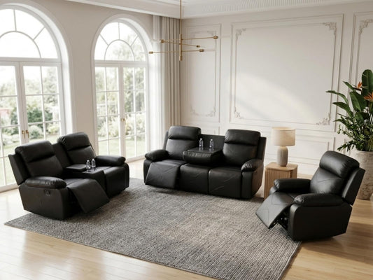 Trygoal Manual Recliner Sofa Set, Breathing Leather Reclining Couch with Storage Console, Cup Holders and Convertible Coffee Table, Adjustable Backrest Recliner Couch for Home Theater, Black