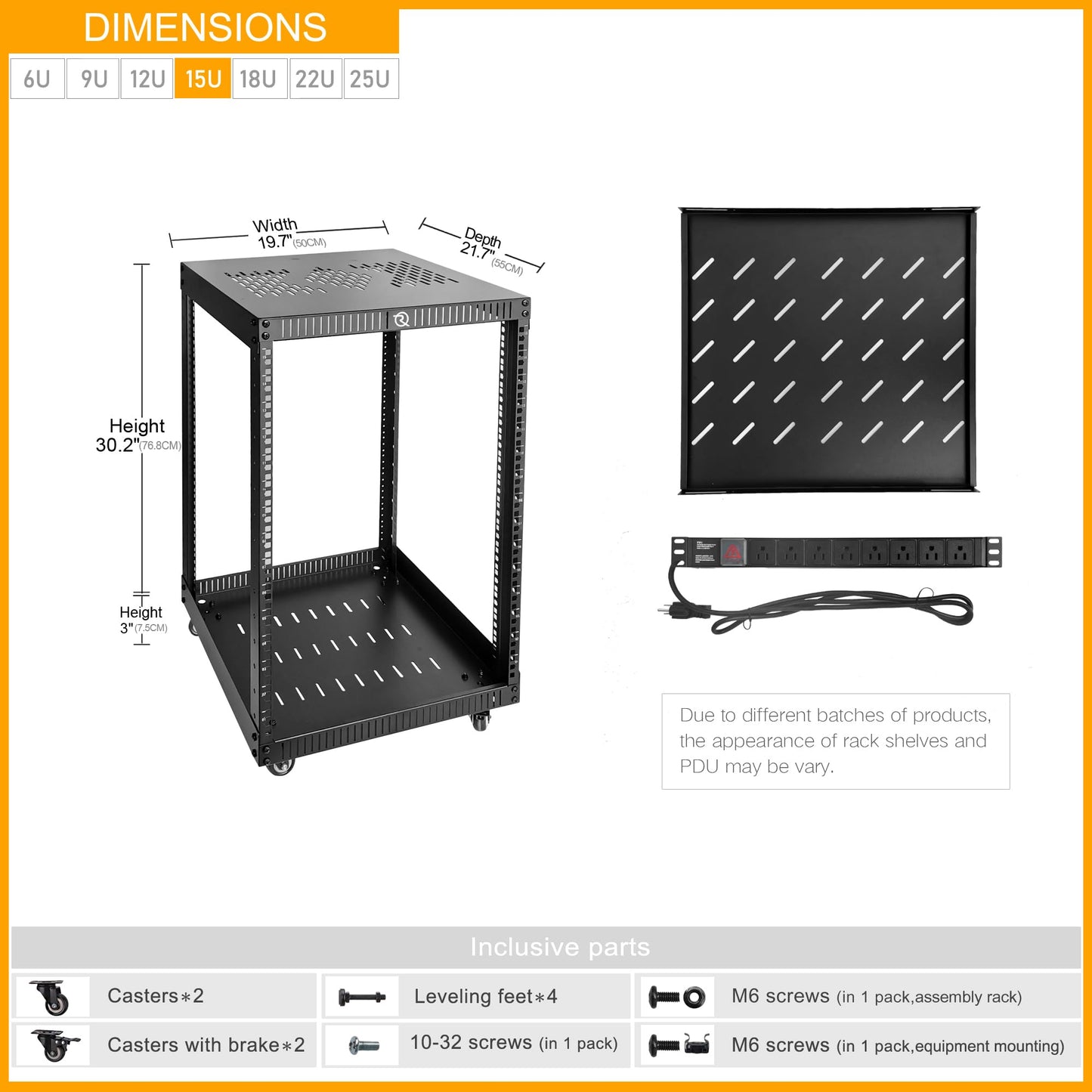 RIVECO 15U Network Rack with Reinforced Top Cover - 4 Post Floor Rack on Wheels for 19" Equipment & Stereo Gear- Including Rack Mount Power Strip & 1PCS 1U Rack Shelf