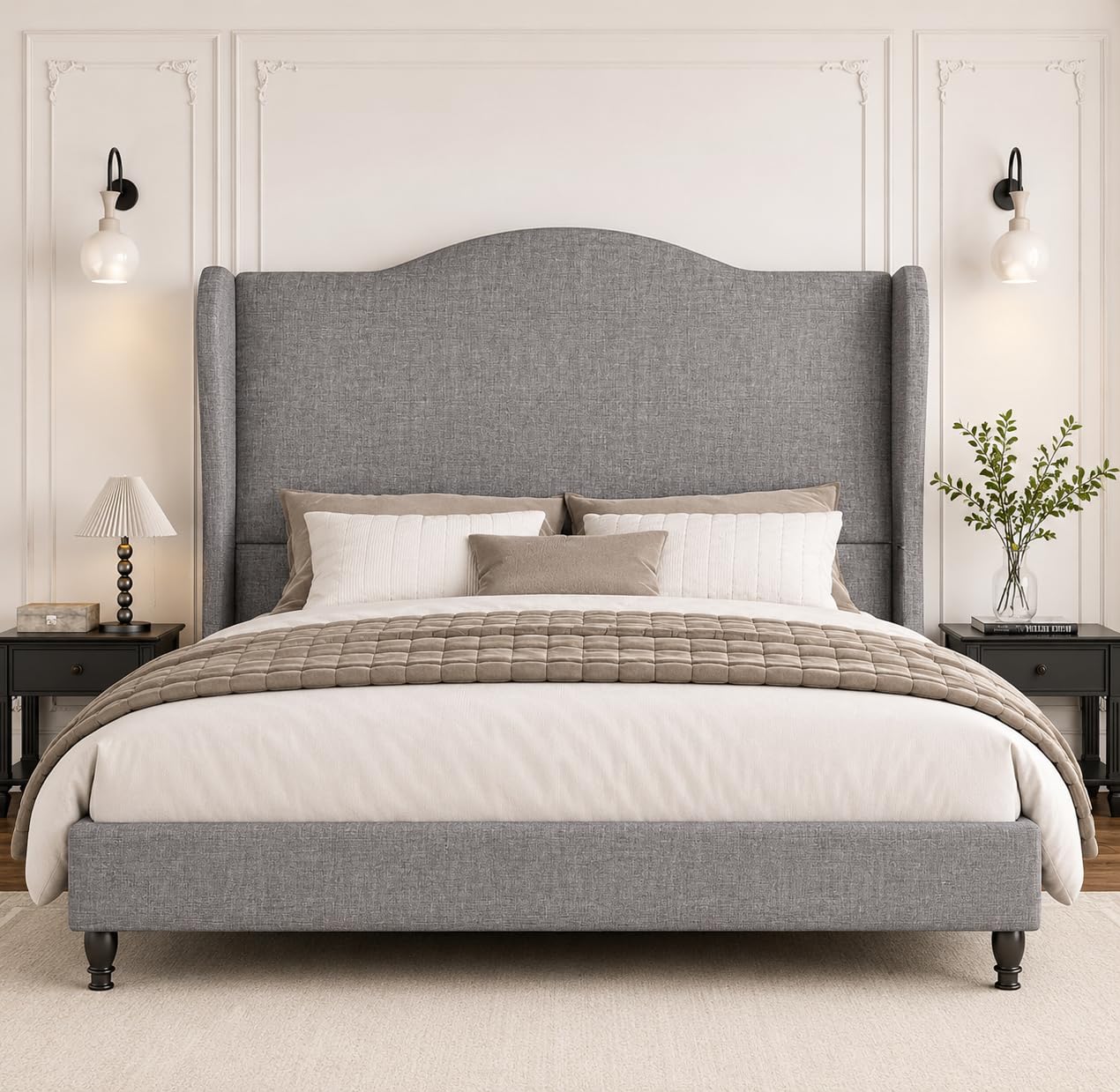 Feuorlwe Queen Size Upholstered Platform Bed Frame, Light Grey