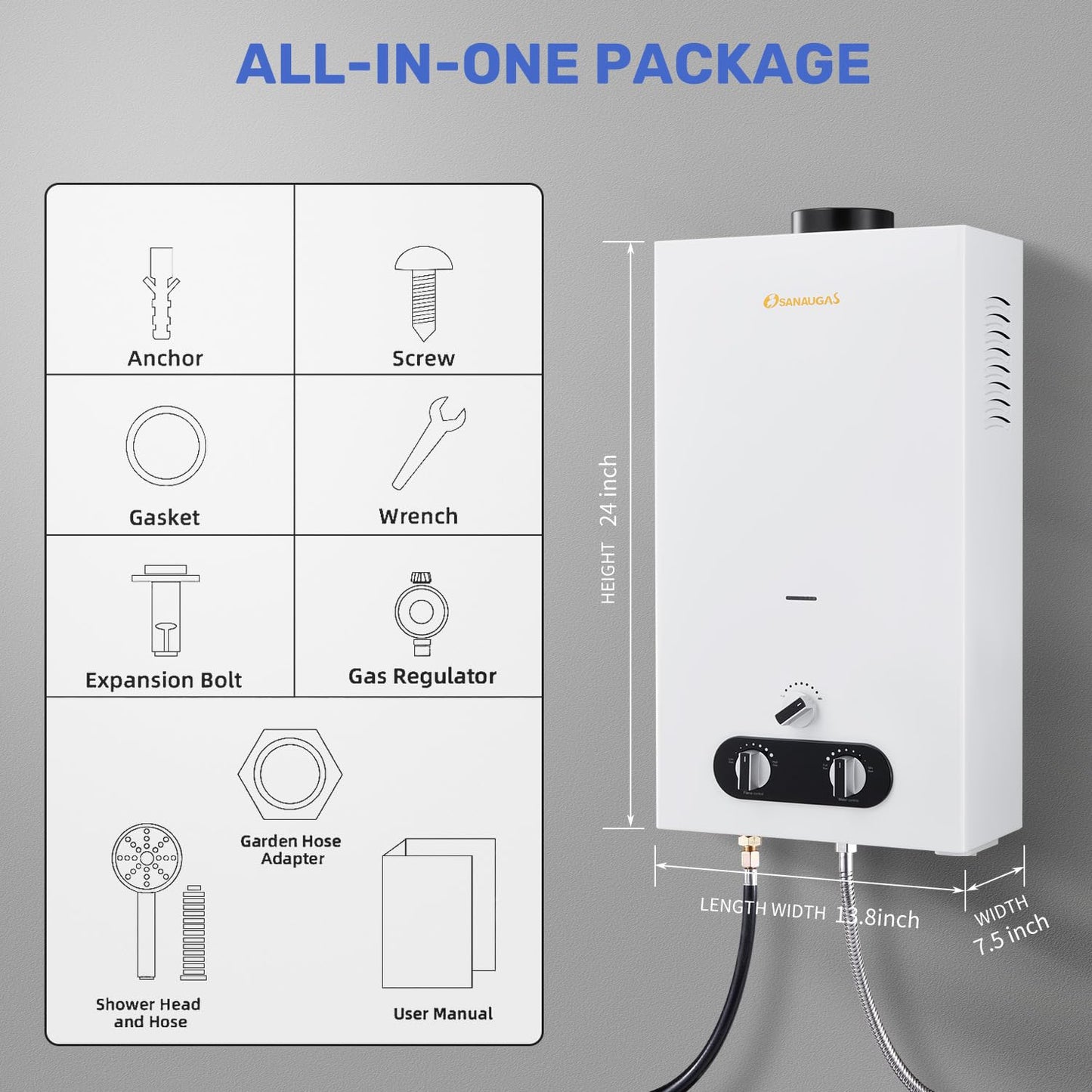 Tankless Water Heater Propane, 3.18GPM 12L Portable Instant Hot Water Heater, Outdoor Use for RV camping, Camper Van, Camping Trailer, Cabin, Barn, Pool, White