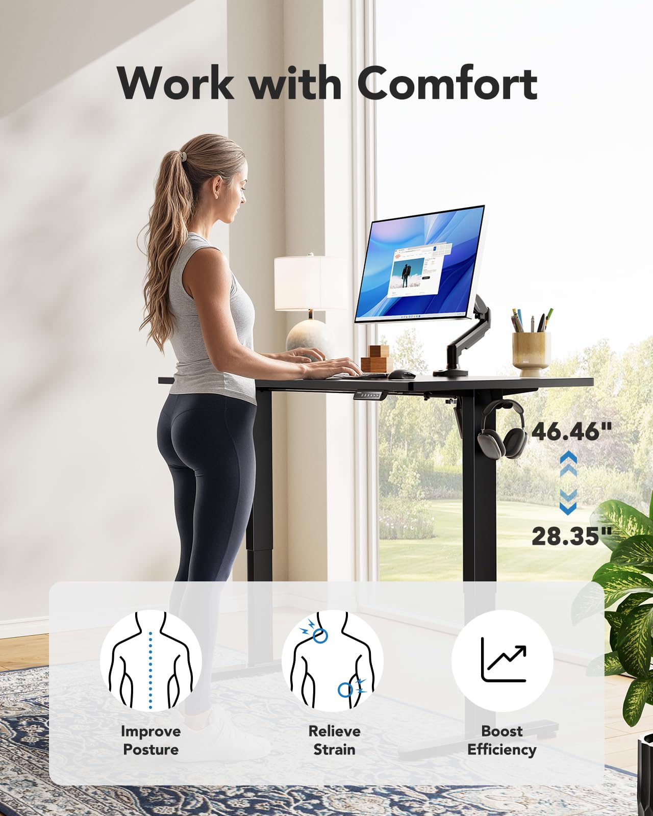 HUANUO Electric Standing Desk, Whole Piece Desktop, Adjustable Height Computer Desks, 4 Height Memory Settings, Sit Stand Up Desk for Home Office, 48" x 24", Black
