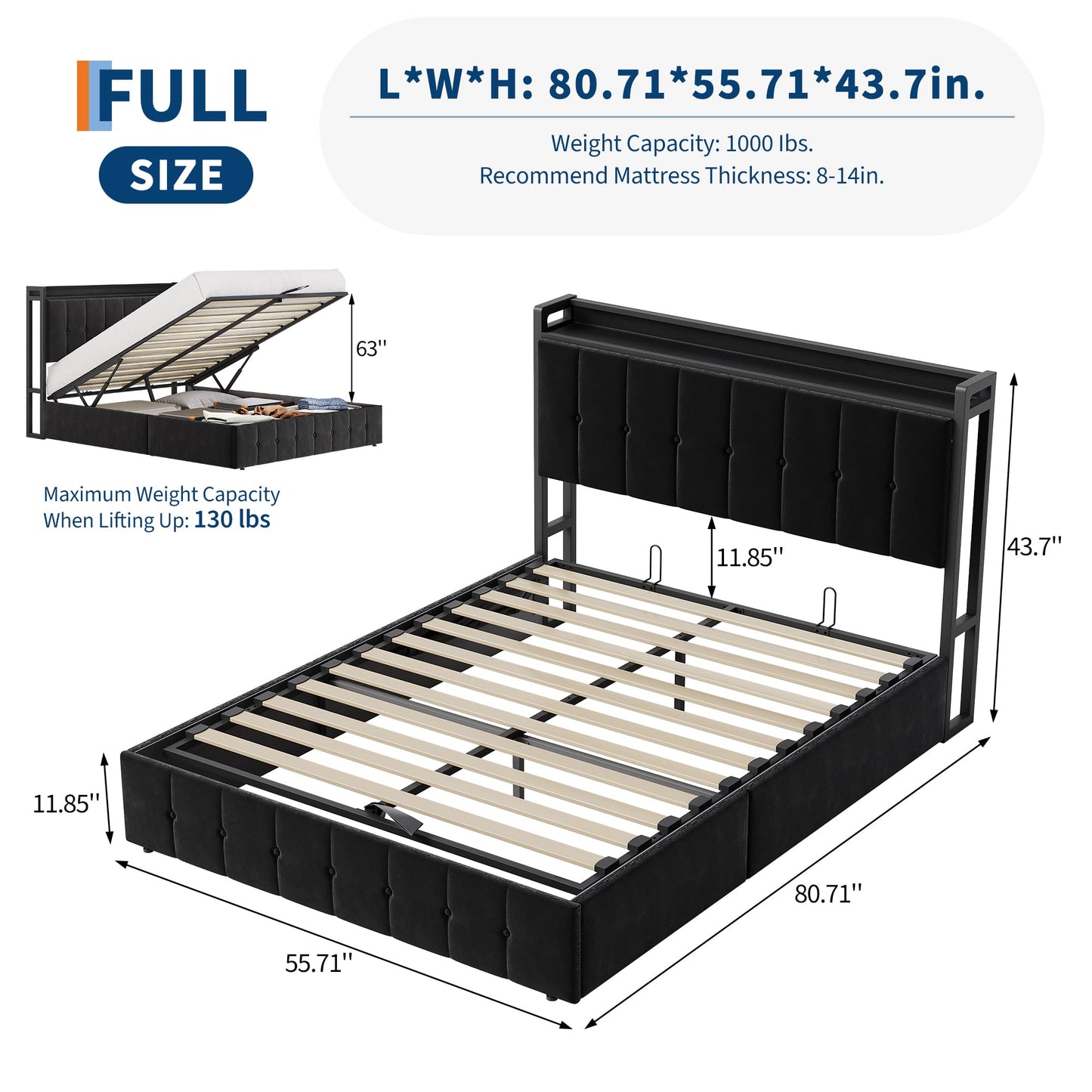 GAOMON Full Size Lift Up Storage Bed Frame with Headboard, Upholstered Platform Bed with Hydraulic Storage, Button Tufted Velvet Bed Frame with Under Bed Storage, No Box Spring Needed, Black