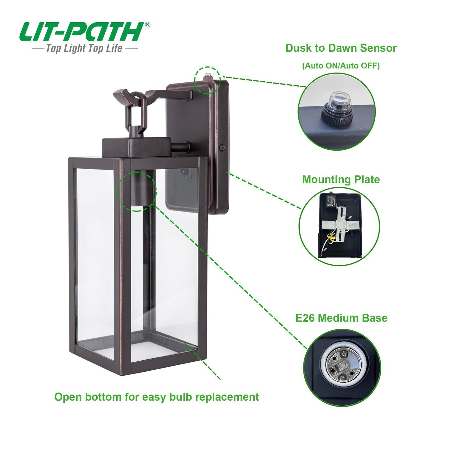 LIT-PaTH Outdoor Wall Lantern Sconce, Dusk to Dawn, Anti-Rust Metal, Glass Shade, 2-Pack, Oil Rubbed Bronze, E26 Base, Max 60W