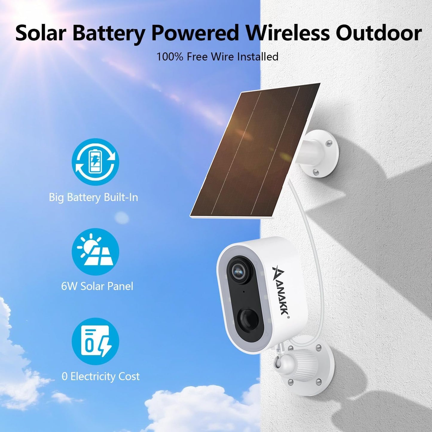 Anakk 4MP Solar Security Cameras Wireless Outdoor, 355° Pan Tilt Motion Detection,Color Night Vision, 5GHz/2.4GHz WiFi, IP65, 2-Cam Kit with 64GB Local Storage, No Monthly Fee Camera for Home Security