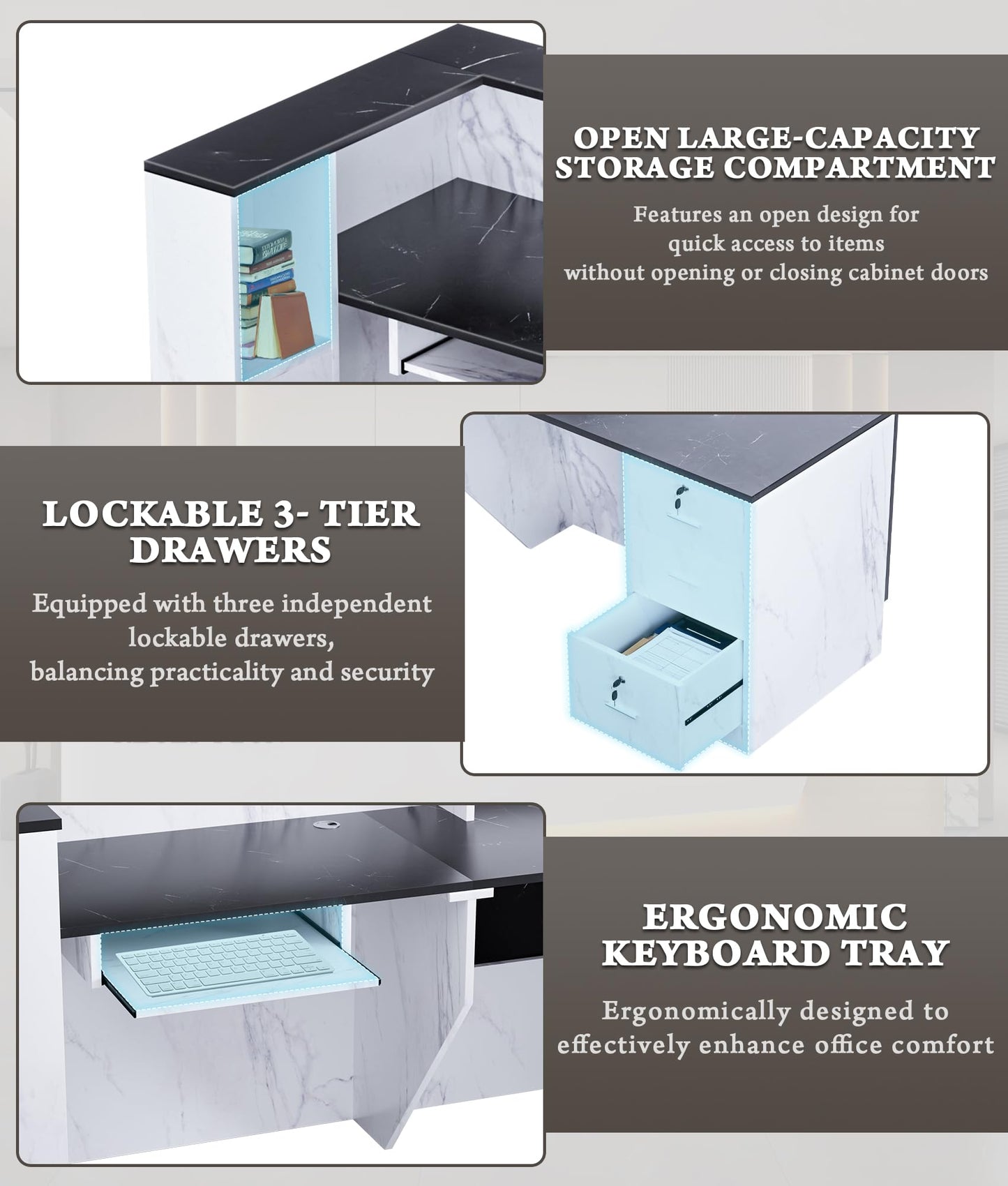 Easilywinlife Ultral 70.87IN Modern Wooden Commercial L Shaped Reception Desk with Counter, Lockable Drawers, Door Cabinet, Front Desk for Checkout, Salon, Black and White with Light, Left Cabinet