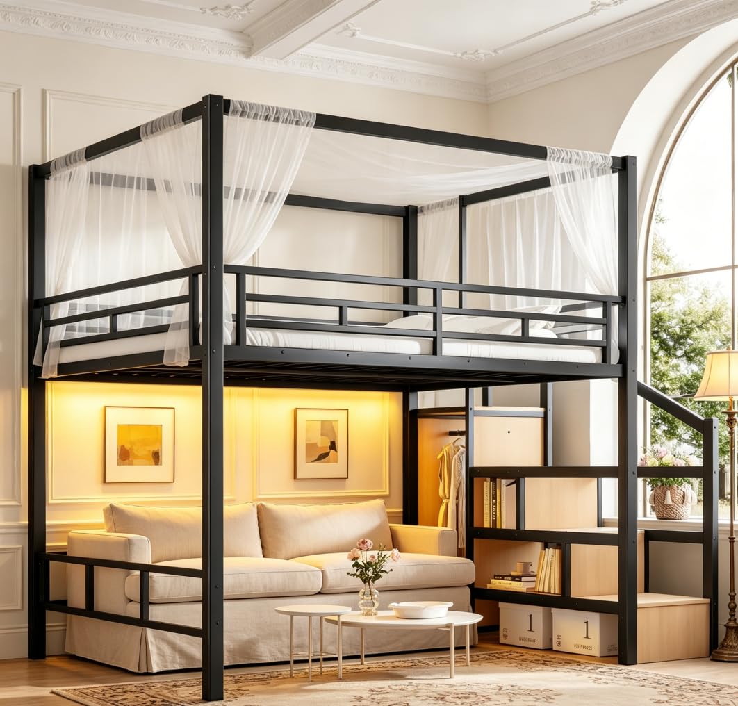 Bellemave Queen loft Bed with Storage Stairs, LED, Wardrobe, Canopy Support Pole, Metal Queen Loft Bed Frame for Adults, Kids, Teens, Canopy can be Disassembled, Black+Natural Wood
