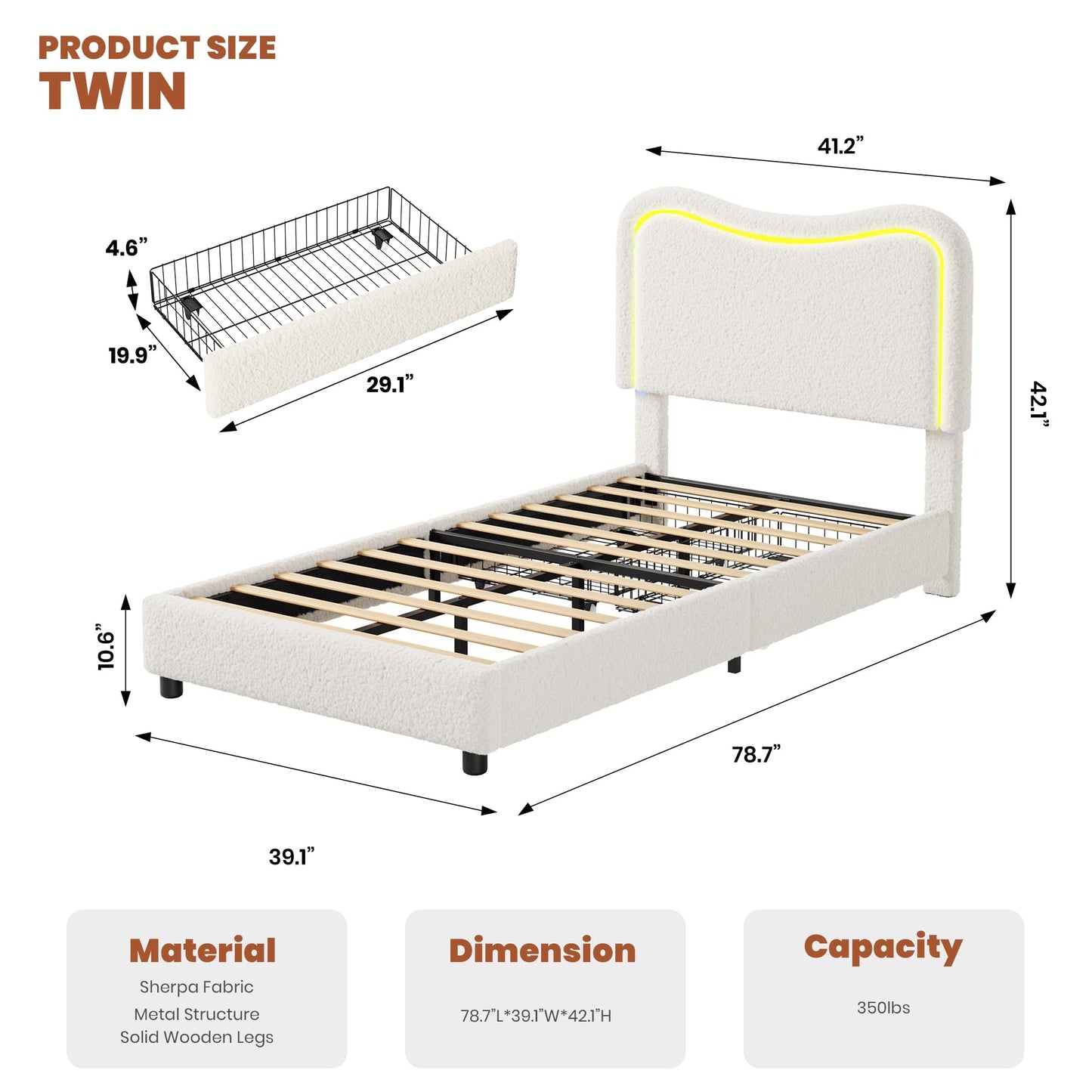 Garvee Boucle Twin Bed Frame with 2 Storage Drawers, Upholstered Platform Bed with LED Headboard, Wood Slats Support, No Box Spring Needed for Kids, Teens-Beige
