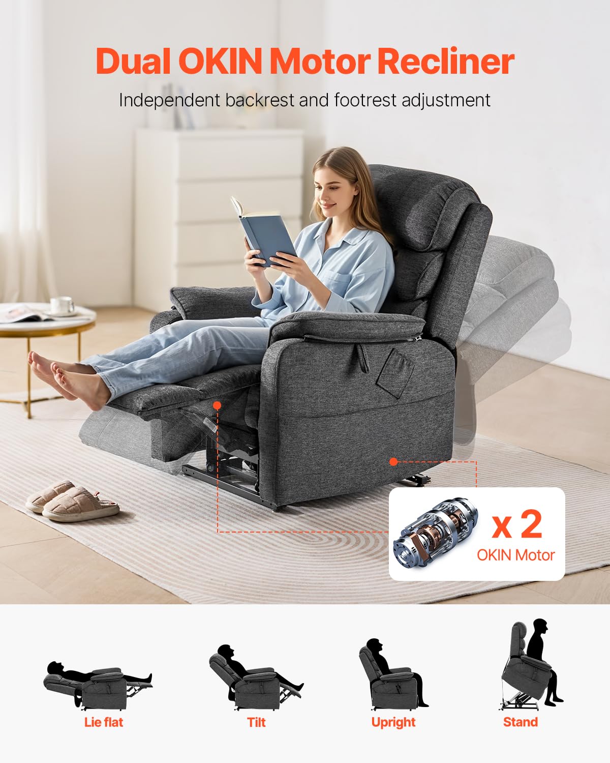 VEVOR Power Lift Recliner Chair, Dual Motor Lift Chair with Heat and Massage for Elderly, Infinite Position Adjustment Electric Recliner with 2 Anti-Fall Ropes (Medium, Dark Gray)