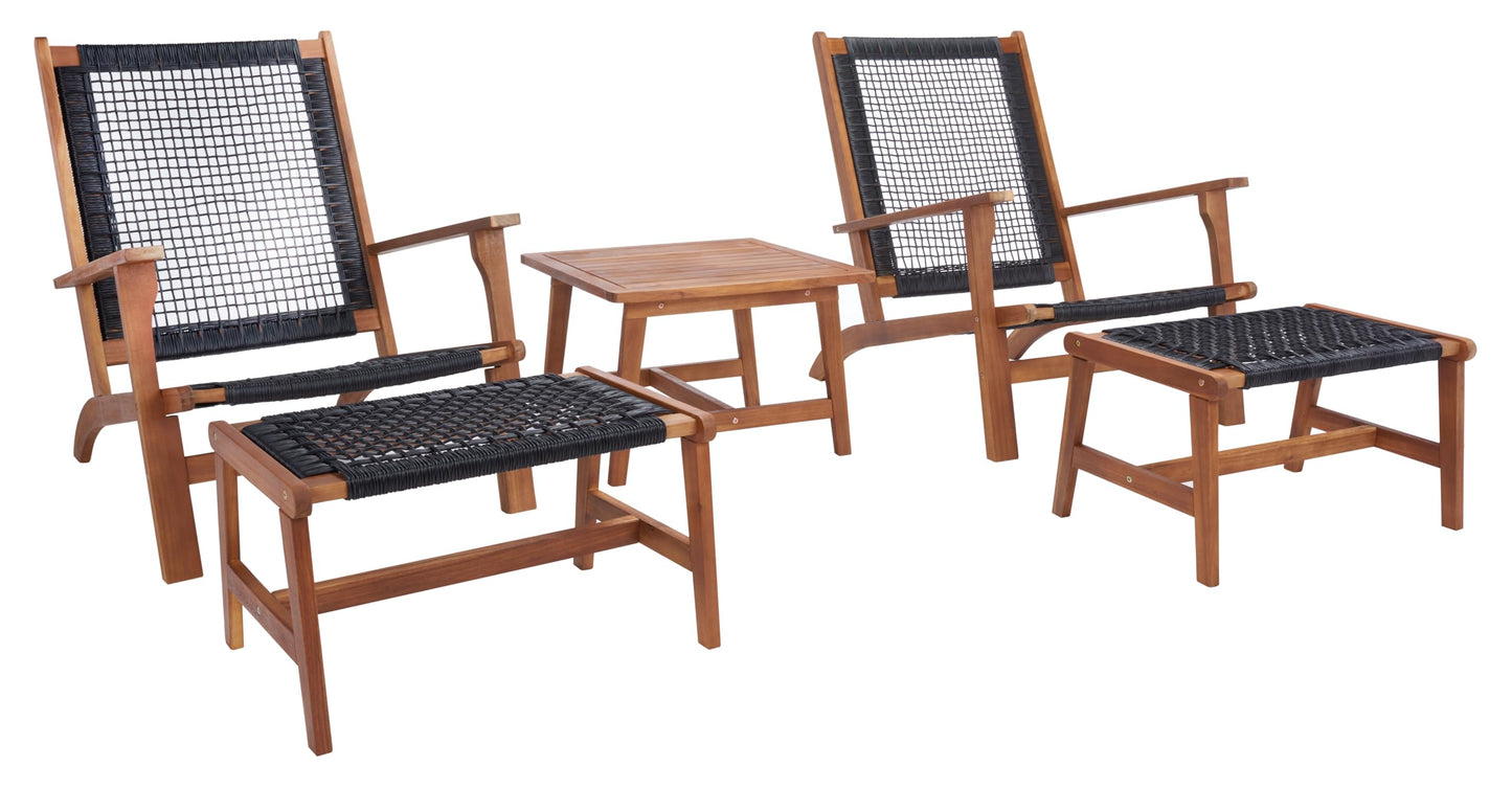 SAFAVIEH Outdoor - Chantelle Lounge Set - Natural & Black - Solid Wood with Cushion - Coastal Low-Seat Design - Ideal for Patio, Deck, Porch, Backyard (PAT7076E)