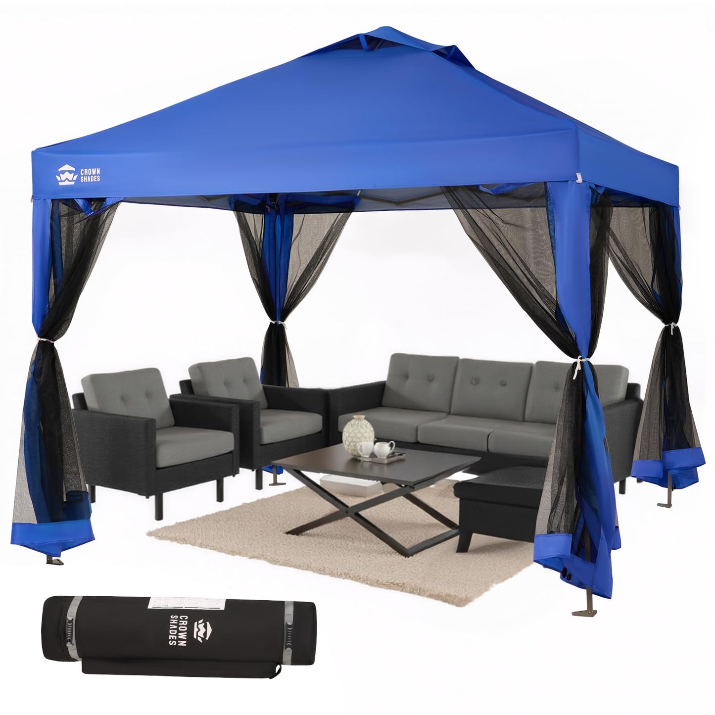 CROWN SHADES Gazebo 10x10 Pop Up Canopy with Mosquito Netting, Screen Tent with 4 Ropes, 8 Stakes, 4 Sandbags and Wheeled Storage Bag, Canopy for Patio & Backyard Parties,Camping&Events -(Blue)