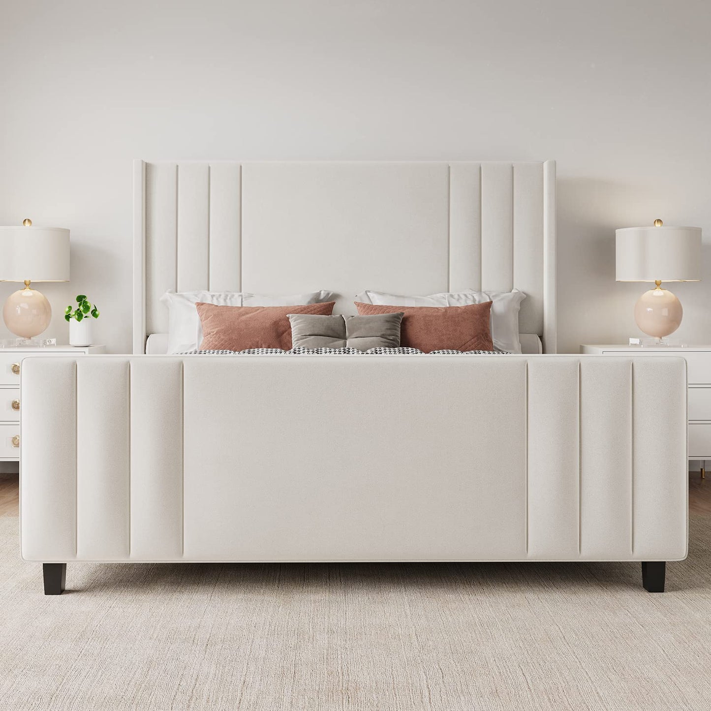 Albott Queen Size Platform Bed Frame, Upholstered Bed with Vertical Channel Tufted Wingback Headboard & Footboard, Premium Velvet, No Box Spring Needed, Cream