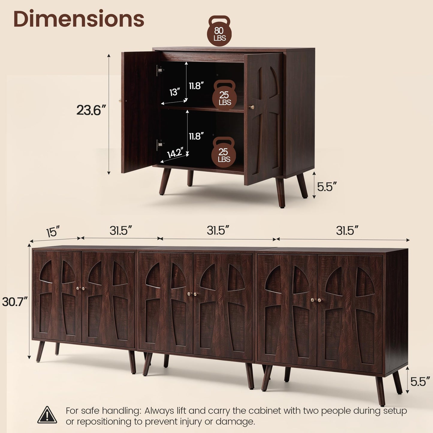 Janmer Home Sideboard Buffet Cabinet, 94.5" Wide Wooden Storage Cabinet with Arched Cutout Doors, Adjustable Shelves, Mid-Century Modern Credenza for Kitchen Living Room Entryway Dark Walnut
