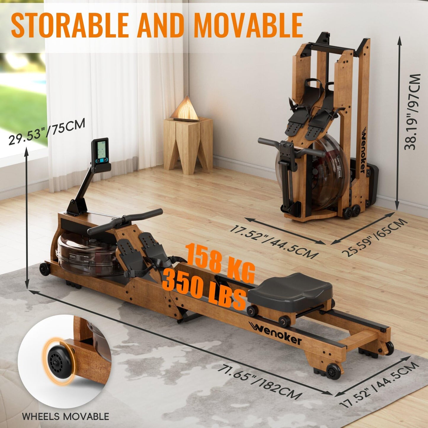 WENOKER Water Rowing Machine for Home Use, Wooden Foldable Rower Machine with Adjustable Monitor & Bluetooth APP, Large Water Tank & Comfortable Seat for Immersive Water Rower, 350LBS Weight Capacity