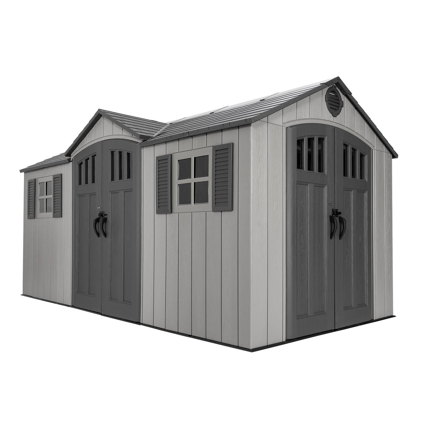 Lifetime Dual Entry Outdoor Storage Shed, 15 x 8 Ft, Steel‑Reinforced, UV‑Protected, Weather‑Resistant Backyard Garden Shed with Skylights, Windows & Shelving, Storm Dust