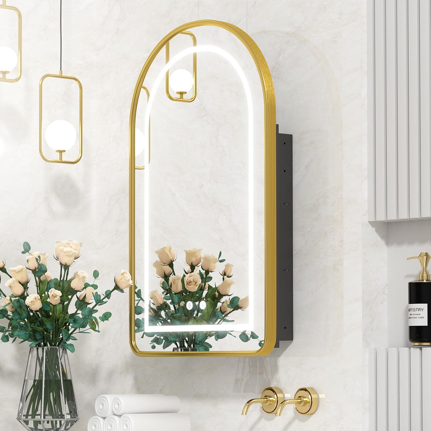 Mepplzian Lighted Arched Medicine Cabinet with LED Mirror - 20x31 Inch Recessed Bathroom Storage, Gold Arched Wall Mounted Mirror Cabinet, Arch Medicine Cabinet with Lights,Anti-Fog