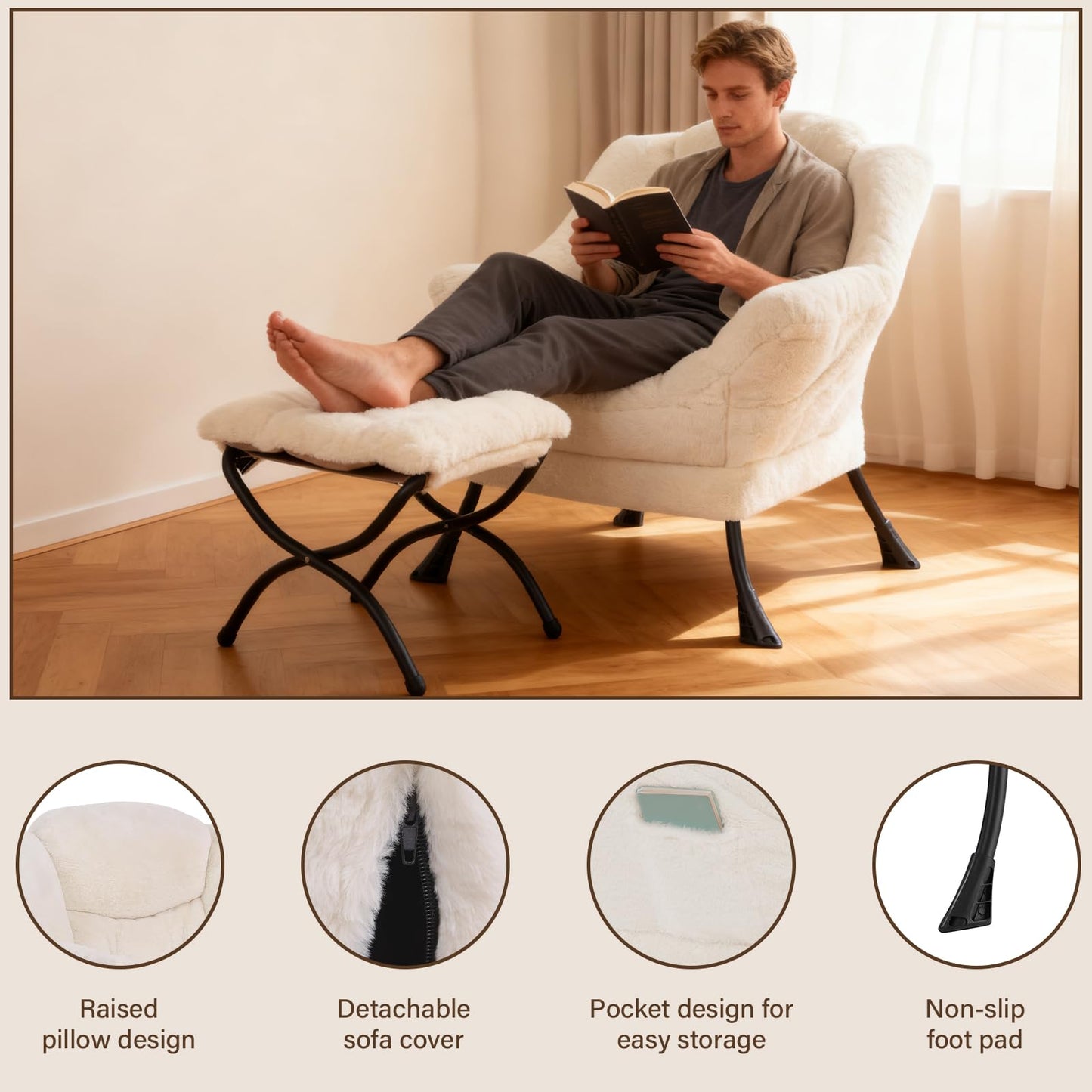 Welnow Lazy Chair with Ottoman, Modern Accent Chair with Armrests and a Side Pocket, Leisure Sofa Armchair, Reading Armchair with Footrest for Small Space, Plush Beige