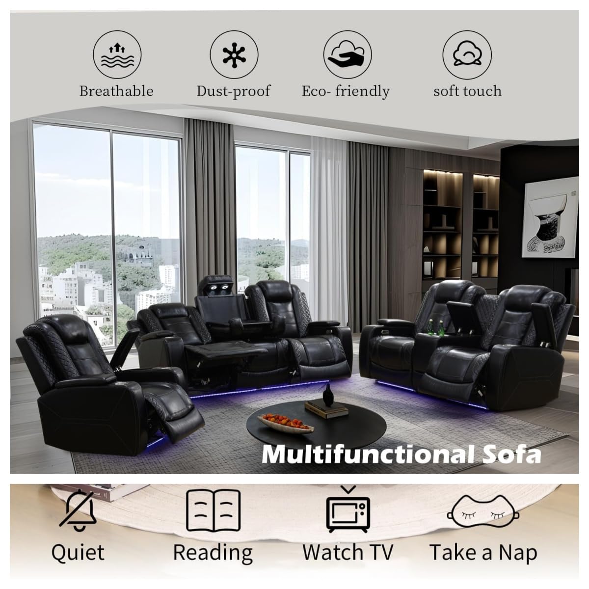 Trygoal Power Recliner Chair, Leather Recliners with Home Theater Seating, Oversized Single Electric Recliner Sofa Breathable Living Room Chairs for Adults Reading Gaming, Black