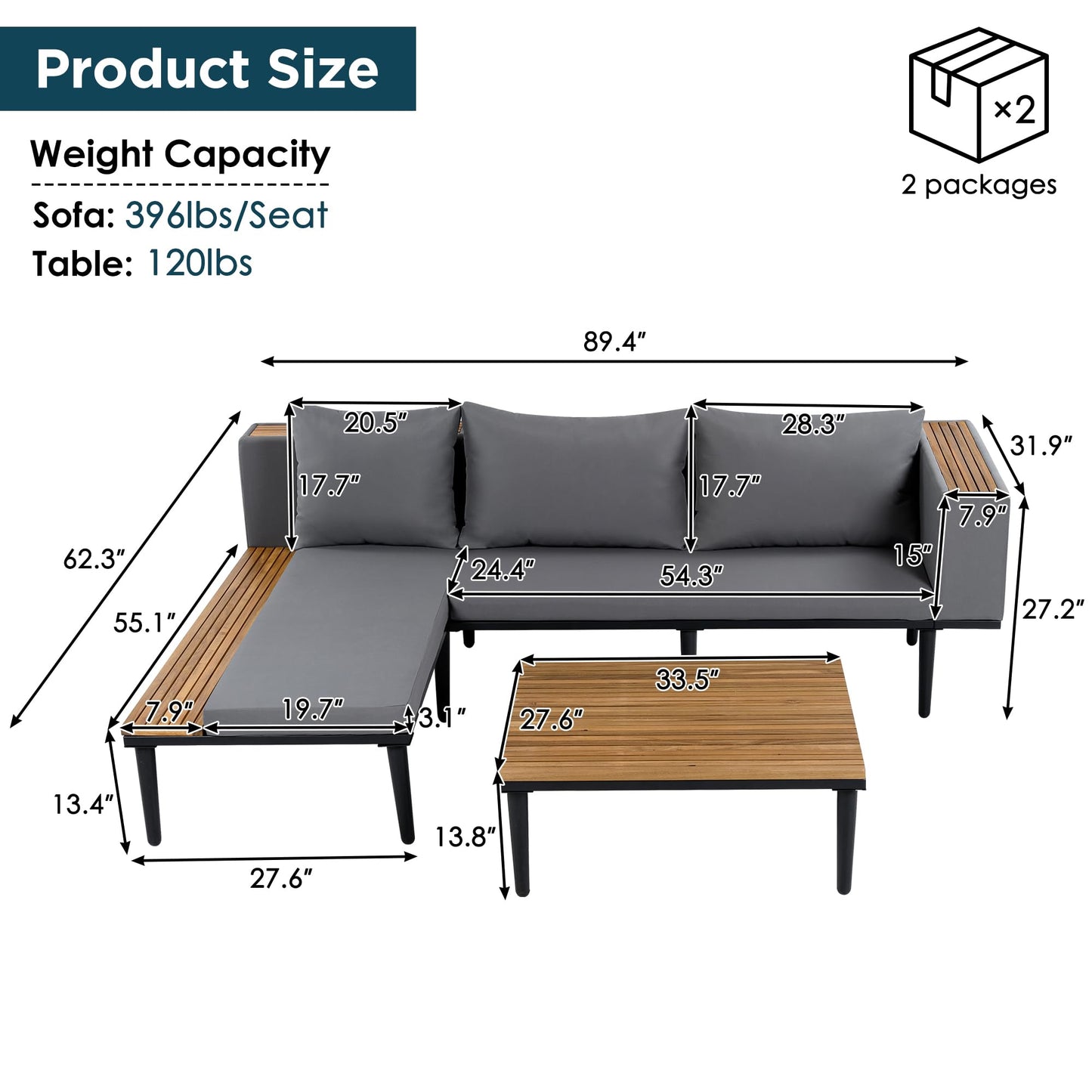 Luxury 4-Piece L-Shaped Outdoor Patio Sofa Set with Acacia Wood Side & Coffee Table, Removable Cushions & Pillows, Metal Frame, Comfortable Modular Conversation Sectional for Backyard, Porch, Gray
