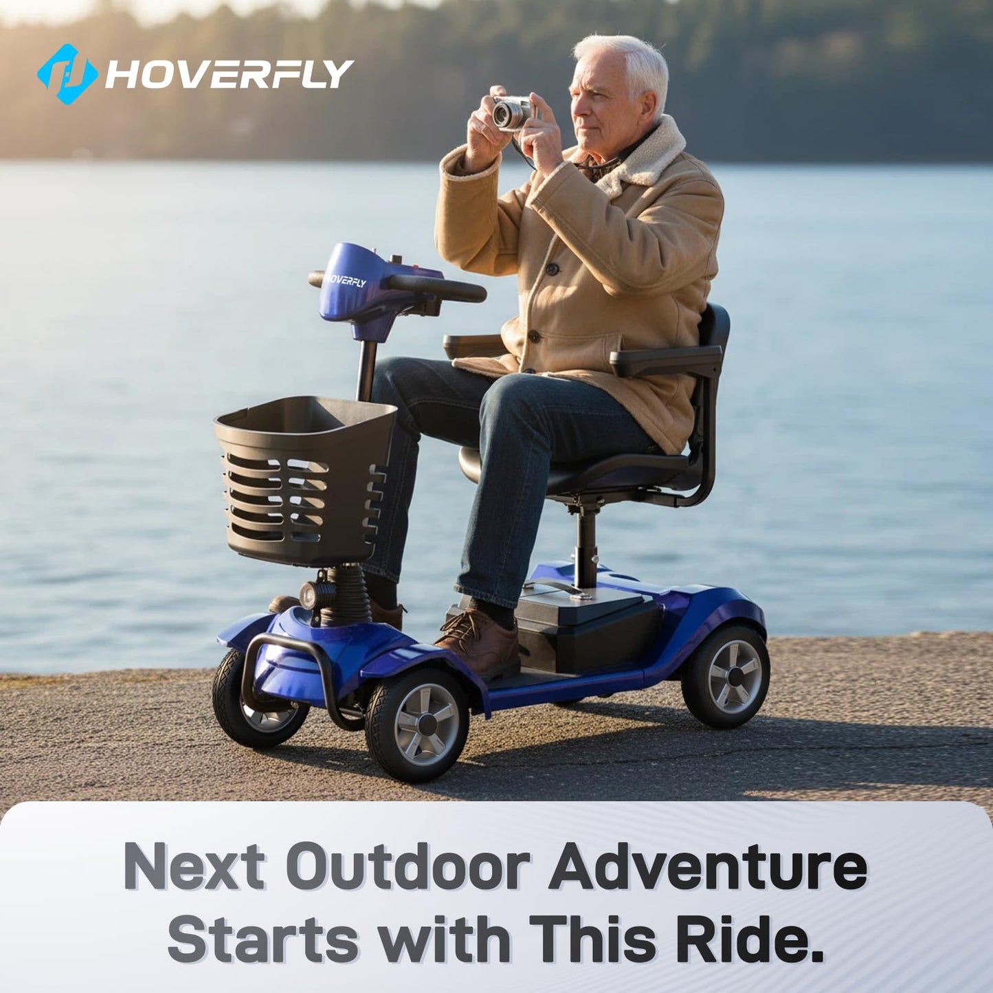 Hoverfly T4 Mobility Scooter for Seniors, Max 12.4-Mile Range & 3.7 mph, 3-Position Seat & Anti-slip Rear Wheel, Removed Battery&Quick Fold Design, Solid 9" Tire&330 lb Capacity, Ease of Assembly Blue