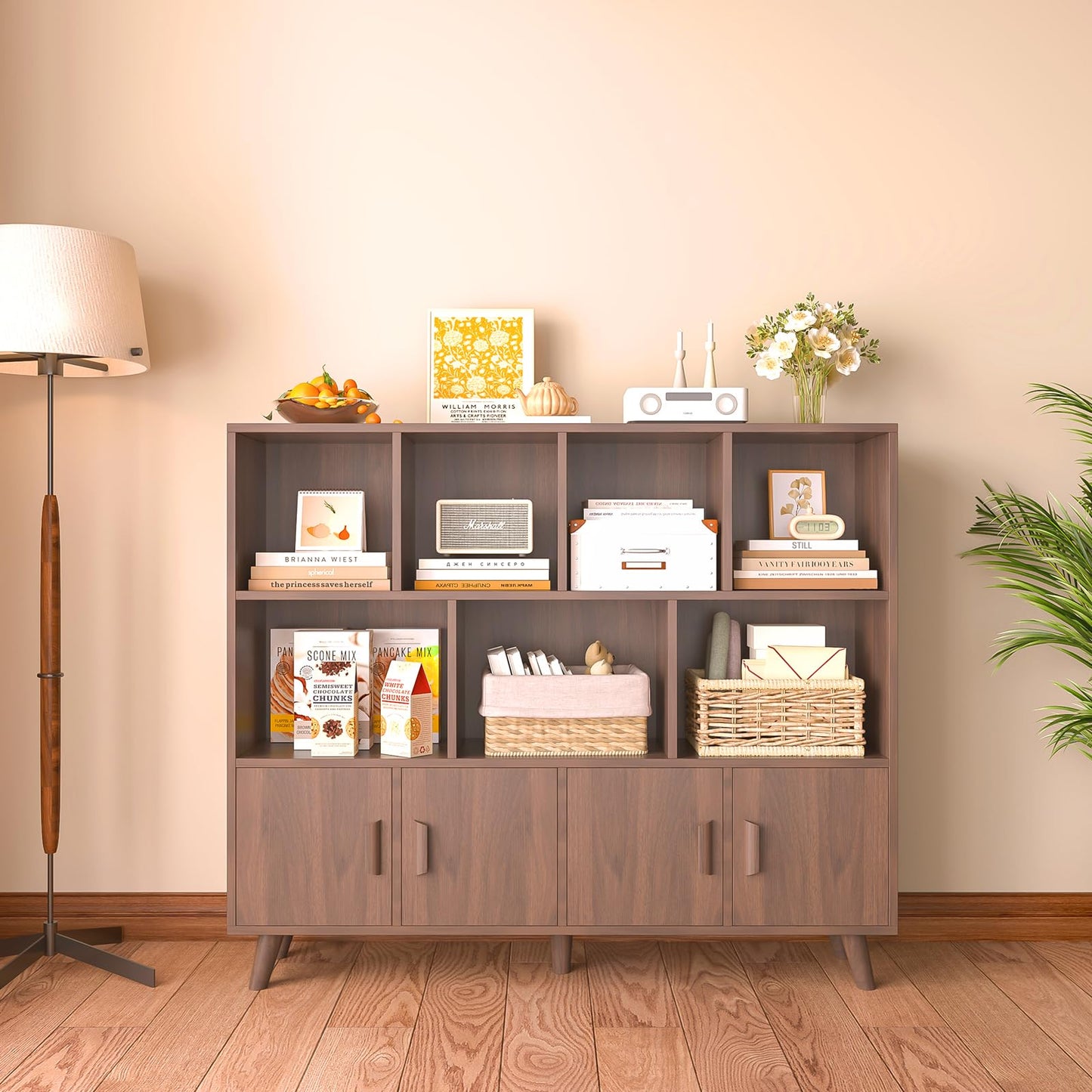 OSCHF Cubby Shelf Bookcase with Doors - Wooden 11 Cube Floor Standing Open Bookshelf with Solid Wood Legs, 3-Tier Storage Cabinet, Walnut