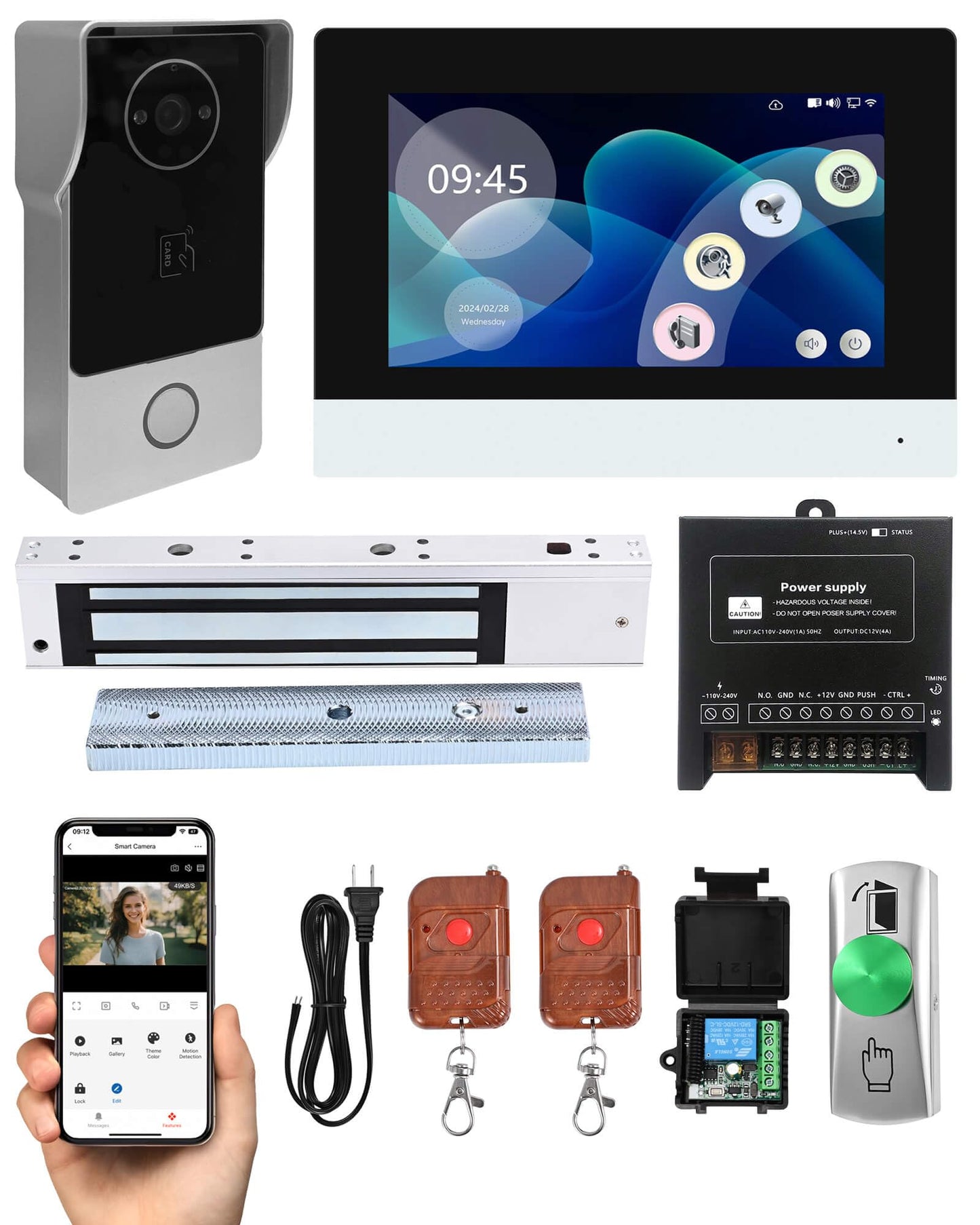 Smart Video Doorbell Intercom System with 600lb Magnetic Lock, 7" Touch Screen Wi-Fi Monitor, 1080P 2.0MP HD Camera, RFID IC Card Access, Tuya App Remote Unlock, Exit Button & Remote Control Kit