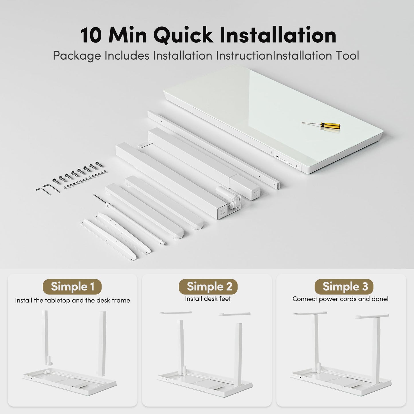 BANTI Electric Standing Desk with Drawers, 48 inch Whole-Piece Glass Desktop, Height Adjustable Stand up Sit Stand Home Office Ergonomic Workstation, White Tabletop