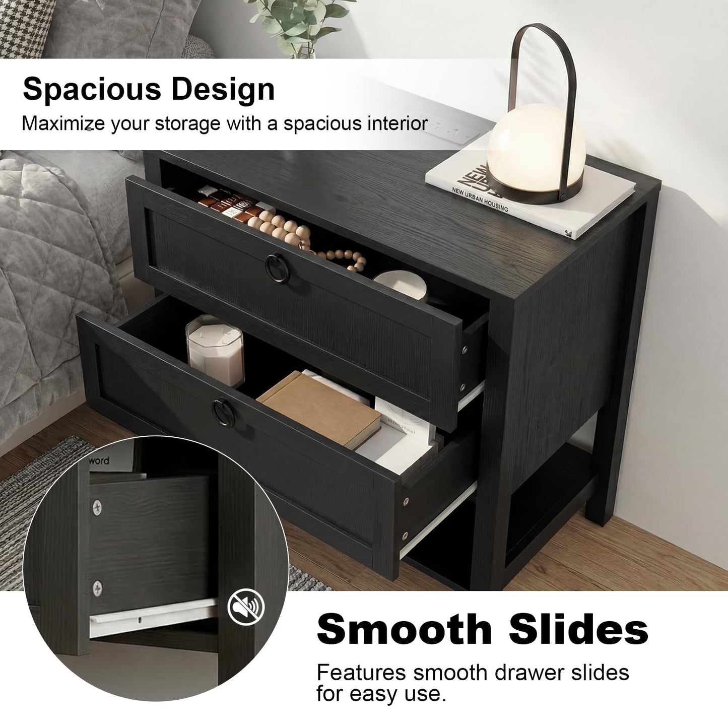 Chyanmoo Nightstand with Charging Station, 2-Drawer Wooden Side Table, Farmhouse Bedside Cabinet with USB Ports & AC Outlets, Solid Wood Grain End Table for Bedroom, Living Room, Office (2 pcs)