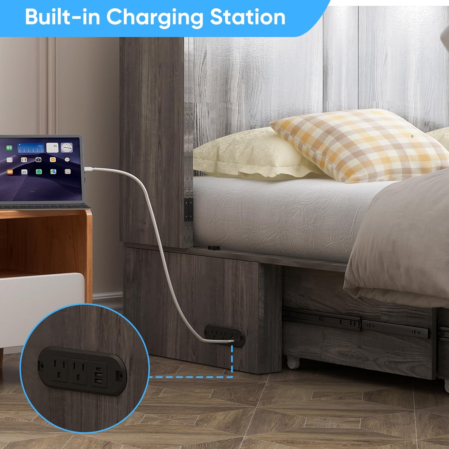Mjkone Full Size Murphy Bed Cabinet with 5” Tri-Folding Foam Mattress, Foldable Convertible Chest Cabinet Wall Bed with Drawers & USB Charging Station for Small Spaces, Guest Room, Studio, Grey