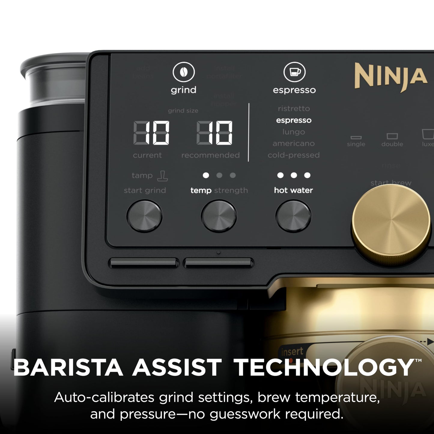 Ninja Luxe™ Café Pro designed by David Beckham, Espresso Machine, Drip Coffee, Cold Brew, Hot Water, Integrated Tamper, Built-in Grinder, Hands-Free Frother for Lattes & More, Black/Gold, ES771BK