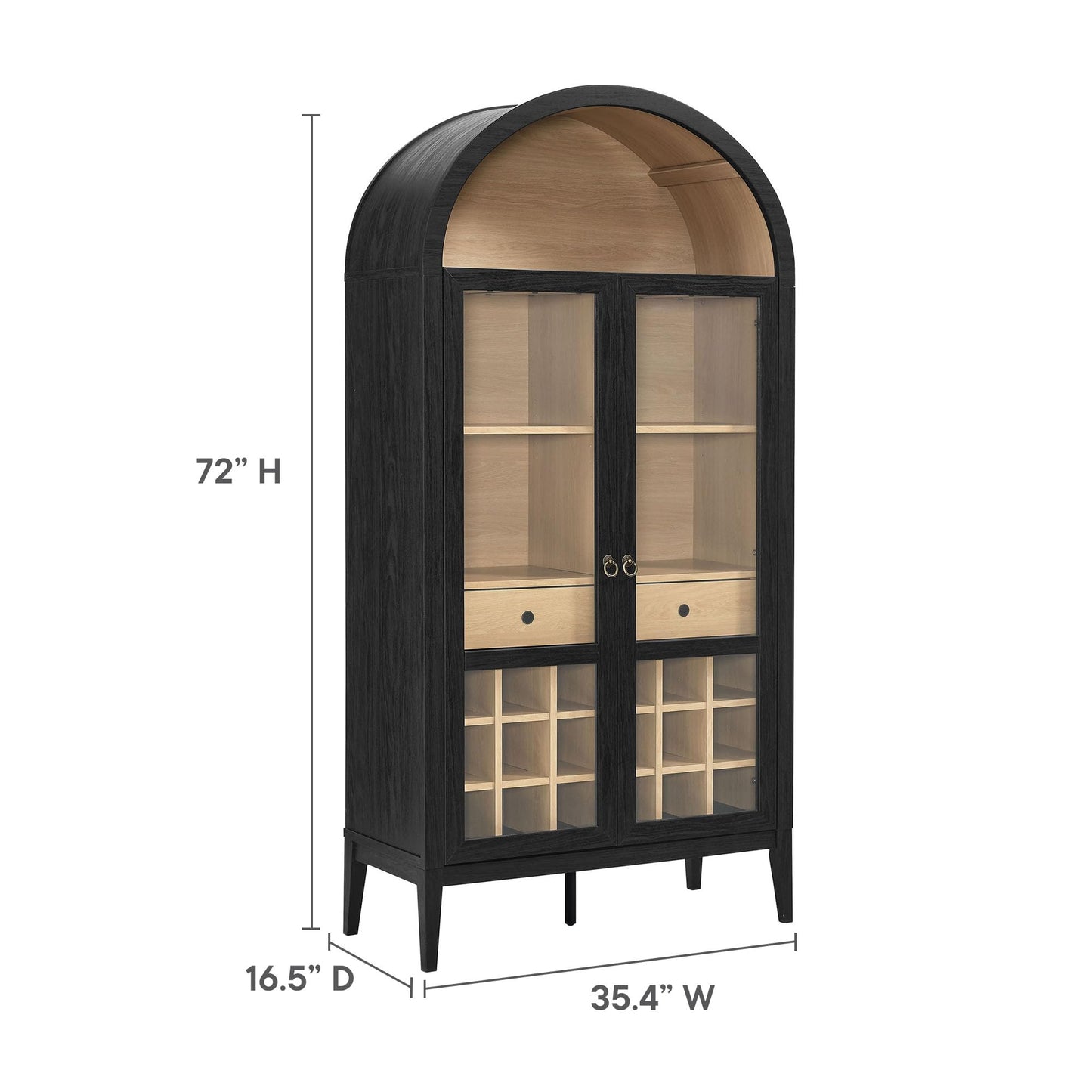 Modway Nolan Modern Farmhouse Arched Bar Cabinet in Black Wood Grain - 72 Inch Tall Wine Storage Cabinet with Glass Doors and Wine Rack - Large Liquor Cabinet for Dining or Living Room