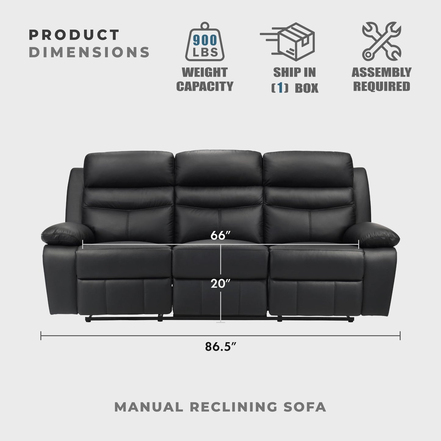 Lexicon 86.5" W Manual Reclining Sofa, Top Grain Leather Match Reclining Sofa, Home Theater Seating, Wall Hugger Recliner Couch, Manual Double Recliner RV Couch for Living Room, Black