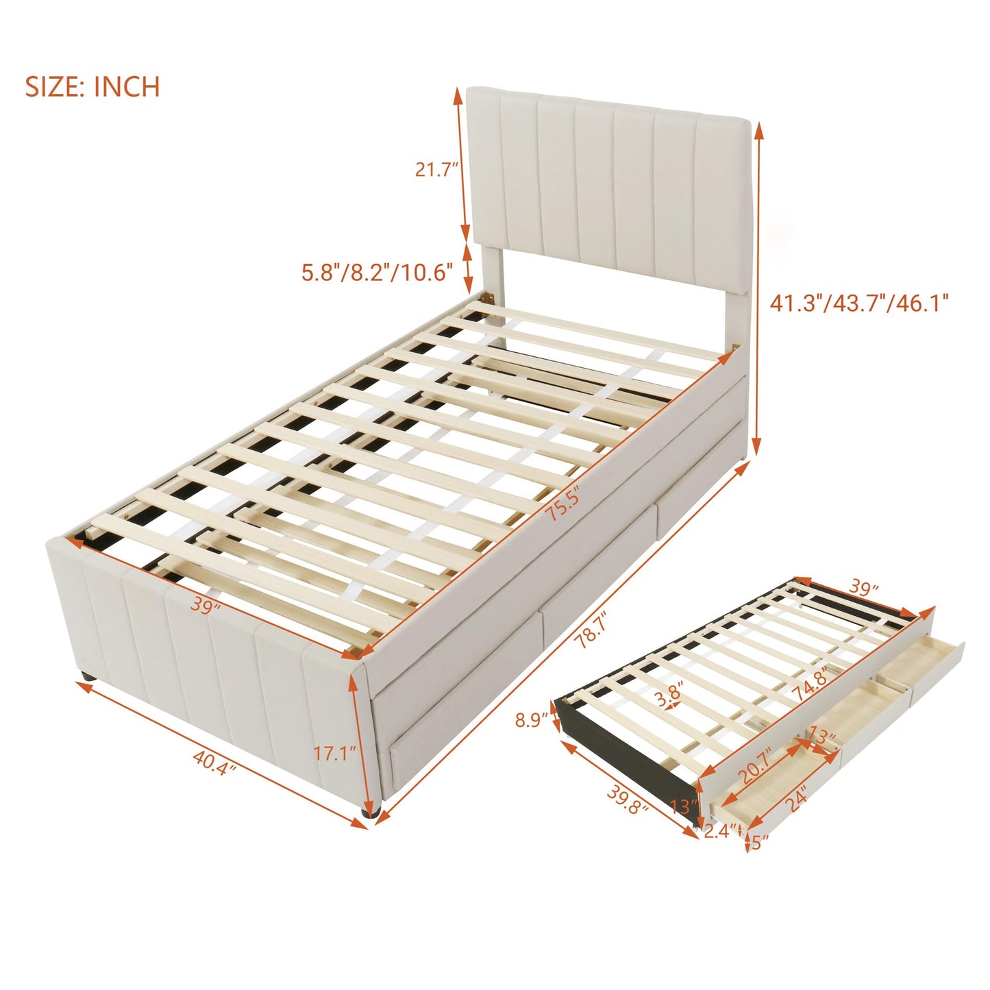 GDFStudio Twin Size Upholstered Platform Bed with Trundle and 3 Storage Drawers, Linen Fabric Bed Frame with Stripe Headboard and Wood Slat Support, Beige