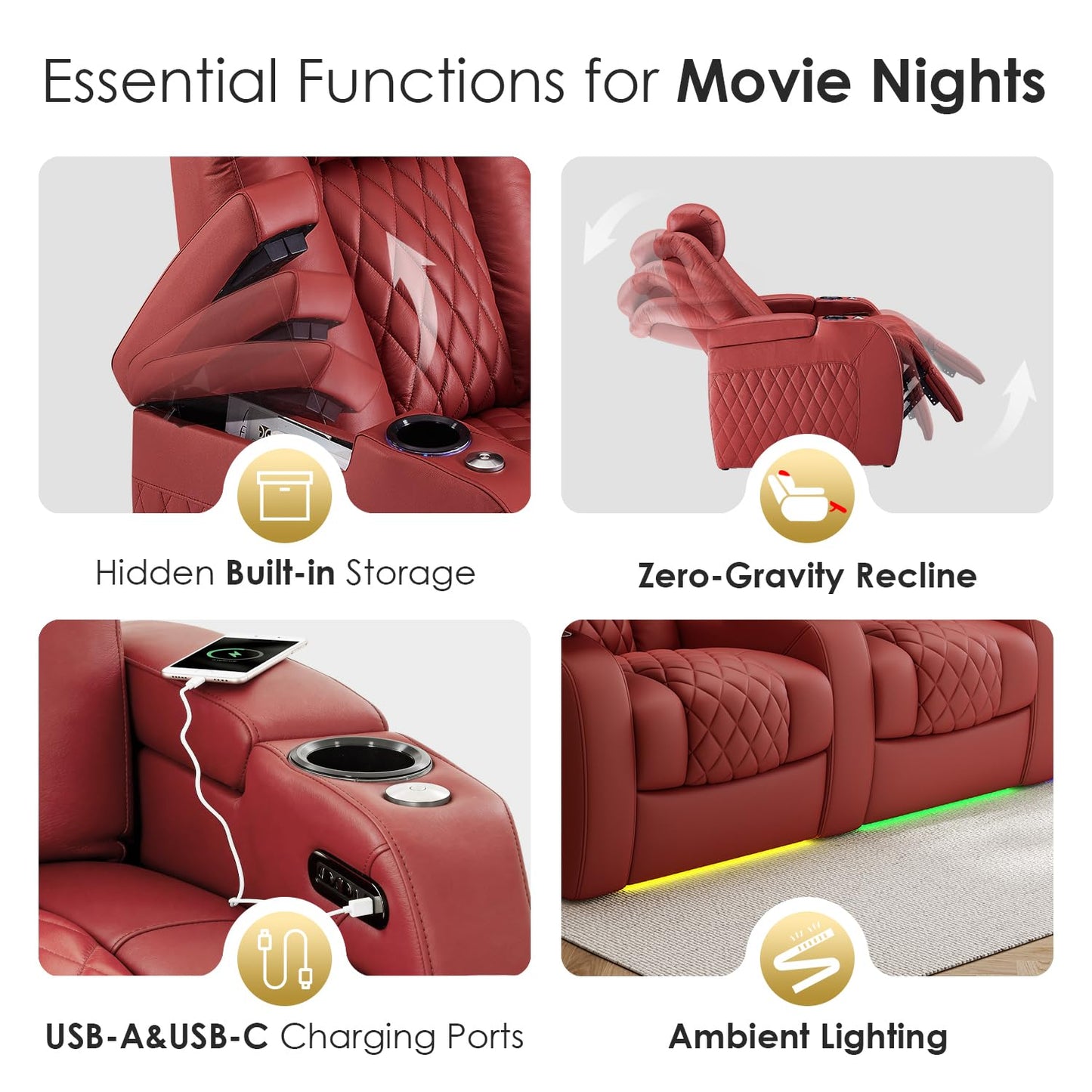 PBRO Home Theater Seating Genuine Leather Recliner Chair, Power Reclining & Headrest, USB A/C Charging Ports, Tray Table, Cup Holder Ambient Lighting Red Row of 1