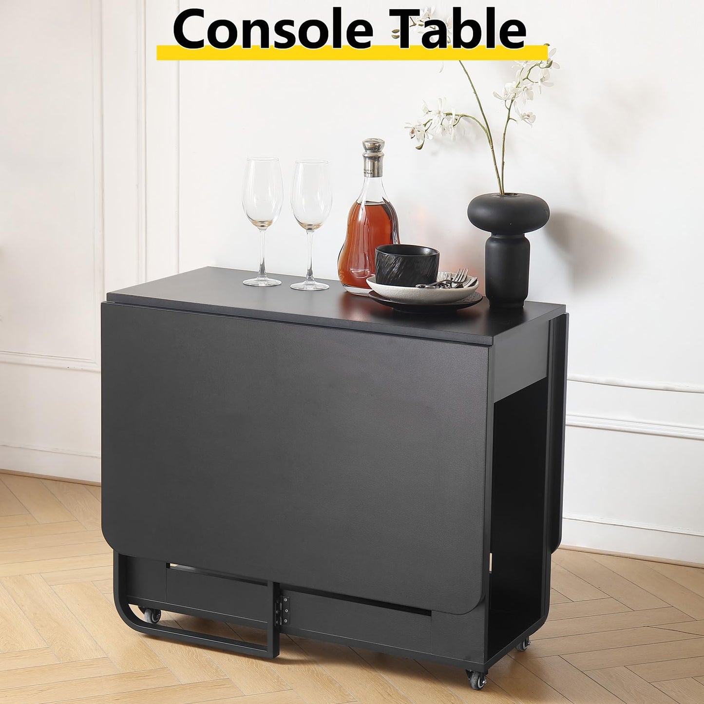 VASTATIO Folding Dining Room Table with Two Drawers for 4/6 with Space Saving Drop Leaf Table,Lockable Wheels & Storage, Heavy Duty Plywood Top 300lb, Convertible Desk for Apartments/RV/Home Office