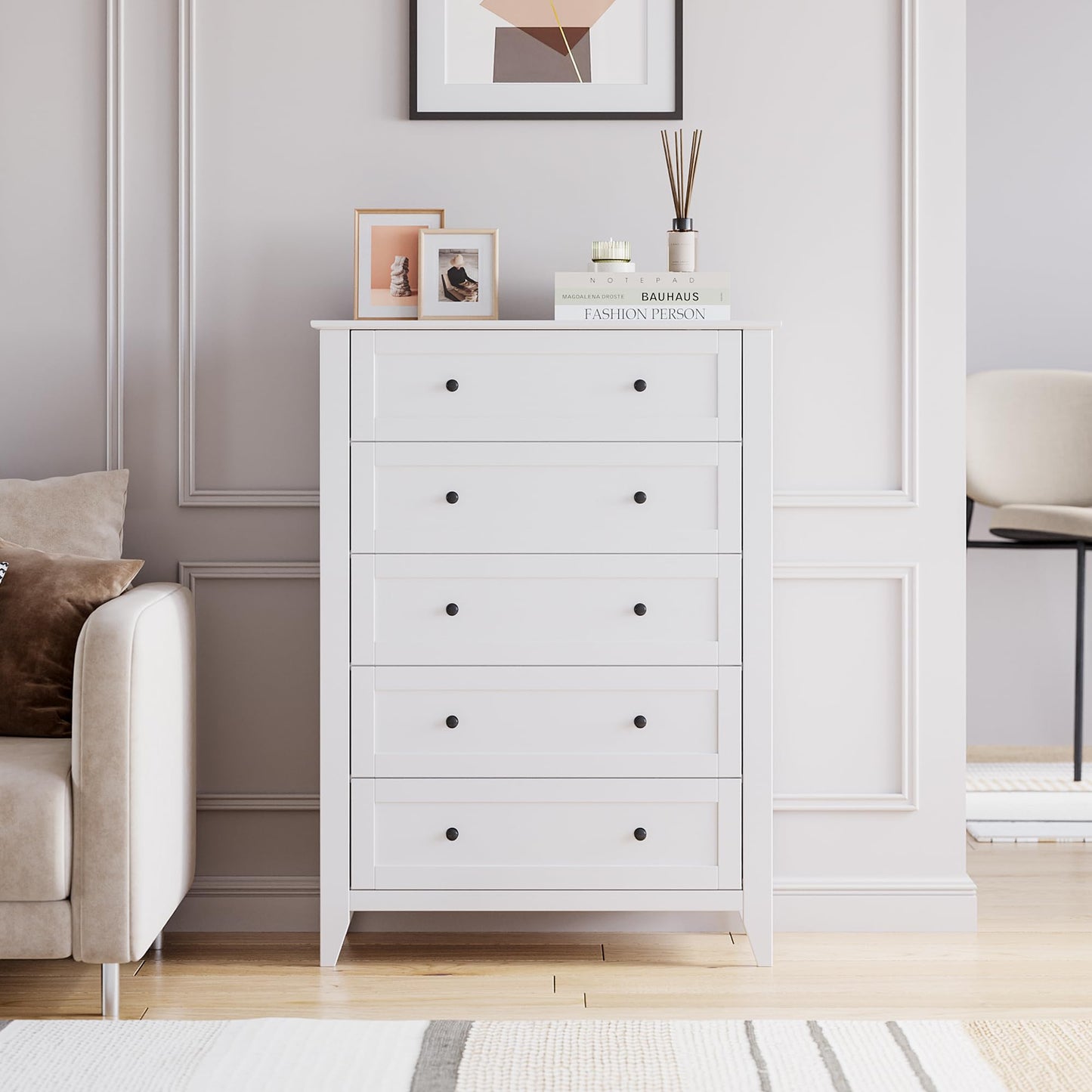 GarveeHome White 5 Chest of Drawer Dresser, Modern Tall Nightstand with Deep Drawers and Nickel Round Handle, Wood Organizer Storage Cabinet for Bedroom, Living Room, Hallway