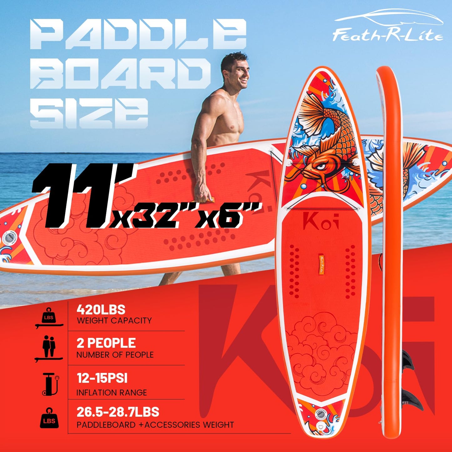 FEATH-R-LITE Inflatable Paddle Board Stand Up Paddleboards for Adults SUP with Premium Accessories Pump, Adjustable Paddle, Leash, Three Fins, Backpack (Red Koi)