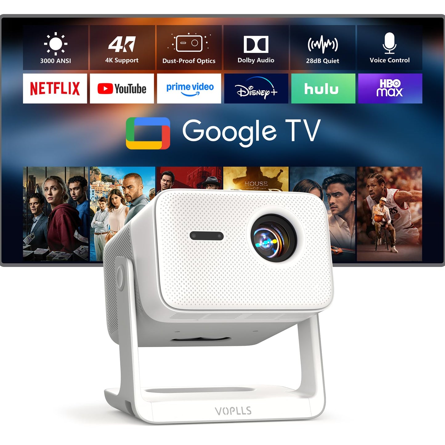 【3000 ANSI Official Licensed Google TV】Smart 4K Projector with WiFi and Bluetooth, VOPLLS Outdoor Projectors with Dolby/Auto Focus, Portable Movie Phone Wireless Gaming Wifi Proyector for Bedroom/Home
