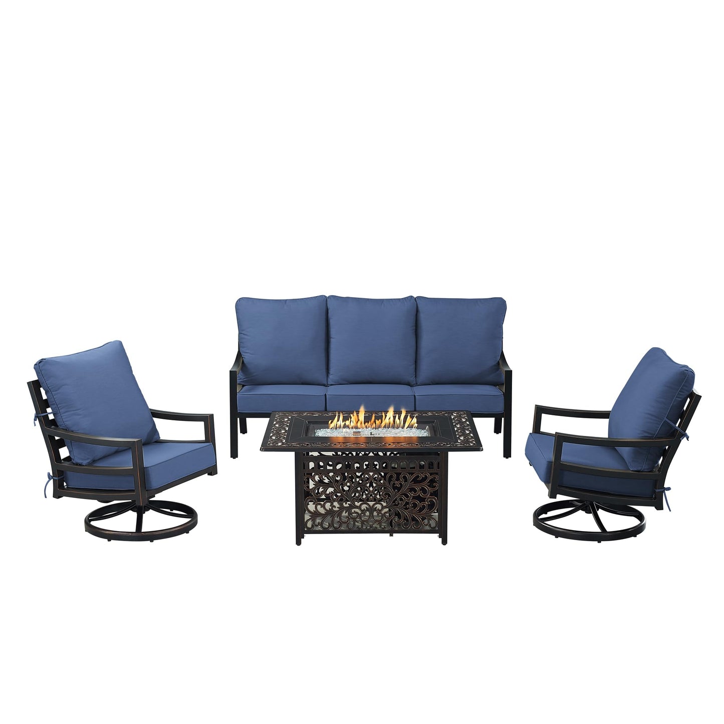 Oakland Living Black Aluminum Patio Fire Table Set with Deep Seating Sofa with Cushions and Two Club Chairs with Blue Cushions
