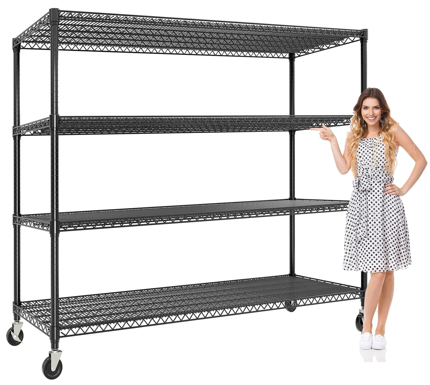4-Tiers Storage Shelves 73" H Heavy Duty Metal Shelving with Wheels, 2640LBS Load Wire Shelving Rack Garage Shelves for Pantry Kitchen Industrial Warehouse Office, 59" W x 23.9" D