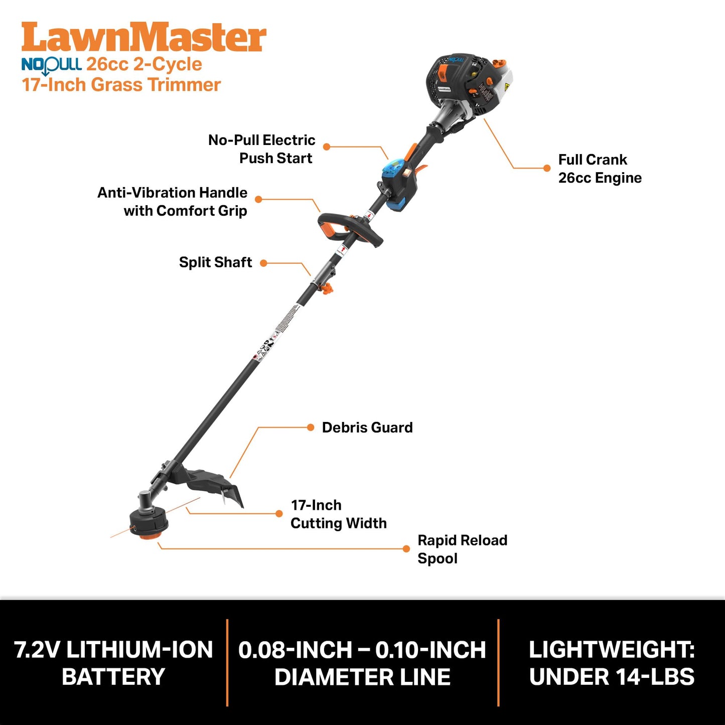 LawnMaster NPTGSP2617A No-Pull Gas Grass Trimmer with Electric Start 26cc 2 Cycle 17-Inch
