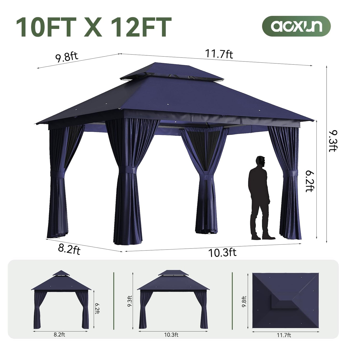 Aoxun 10x12 Outdoor Gazebo for Patio, Metal Frame Canopy Gazebo Double Roof Heavy Duty Backyard Gazebo with Mosquito Netting & Privacy Screen, Patio Shelter for Garden Lawn Deck (Navy Blue)