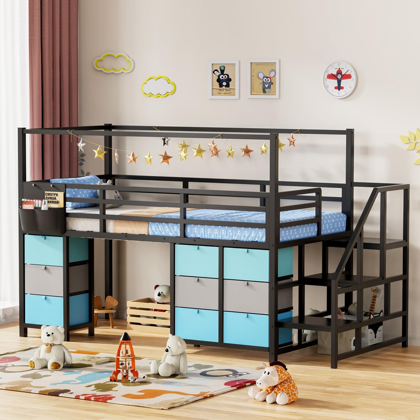 Zerduos Low Loft Bed Full Size with 9 Storage Drawers, Full Loft Bed with Stairs,Bedside Storage, Metal Full Loft Bed for Kids with 11.8" &22.5" H Safety Guardrail, Under-Bed Play Space